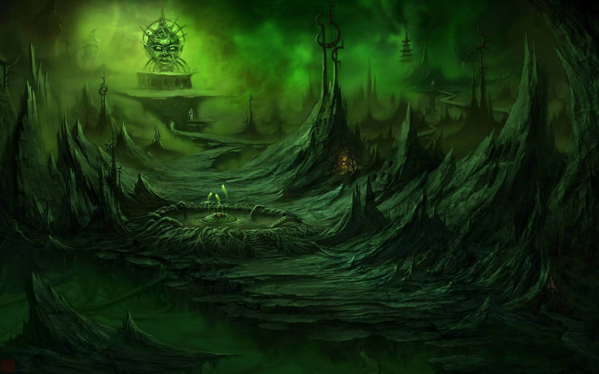 Dark Green Fantasy World Aesthetic Wallpaper