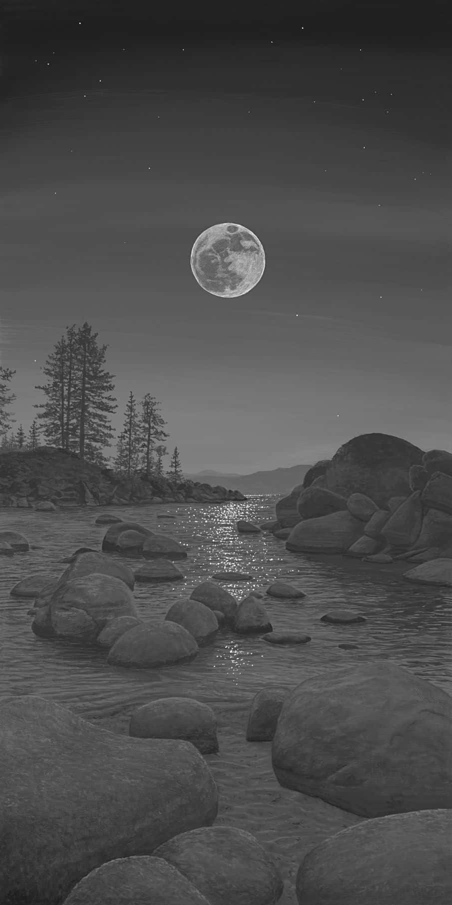 A Black And White Drawing Of A Moon Over A Lake Wallpaper