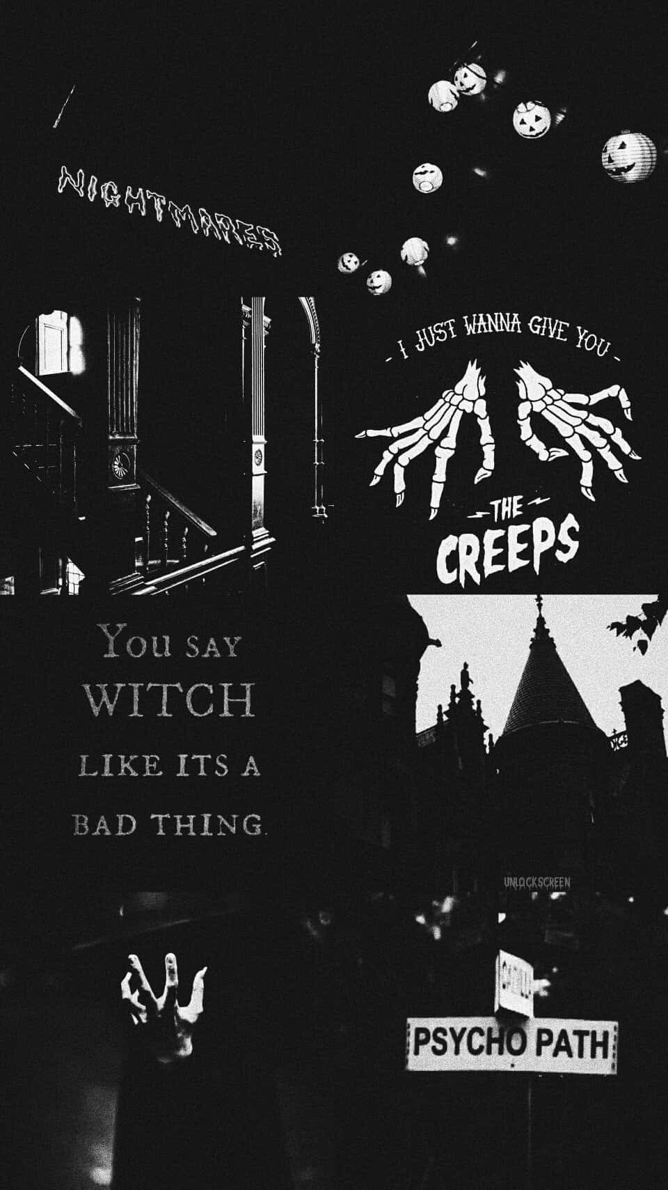 Dark_ Halloween_ Collage_with_ Quotes_and_ Icons Wallpaper