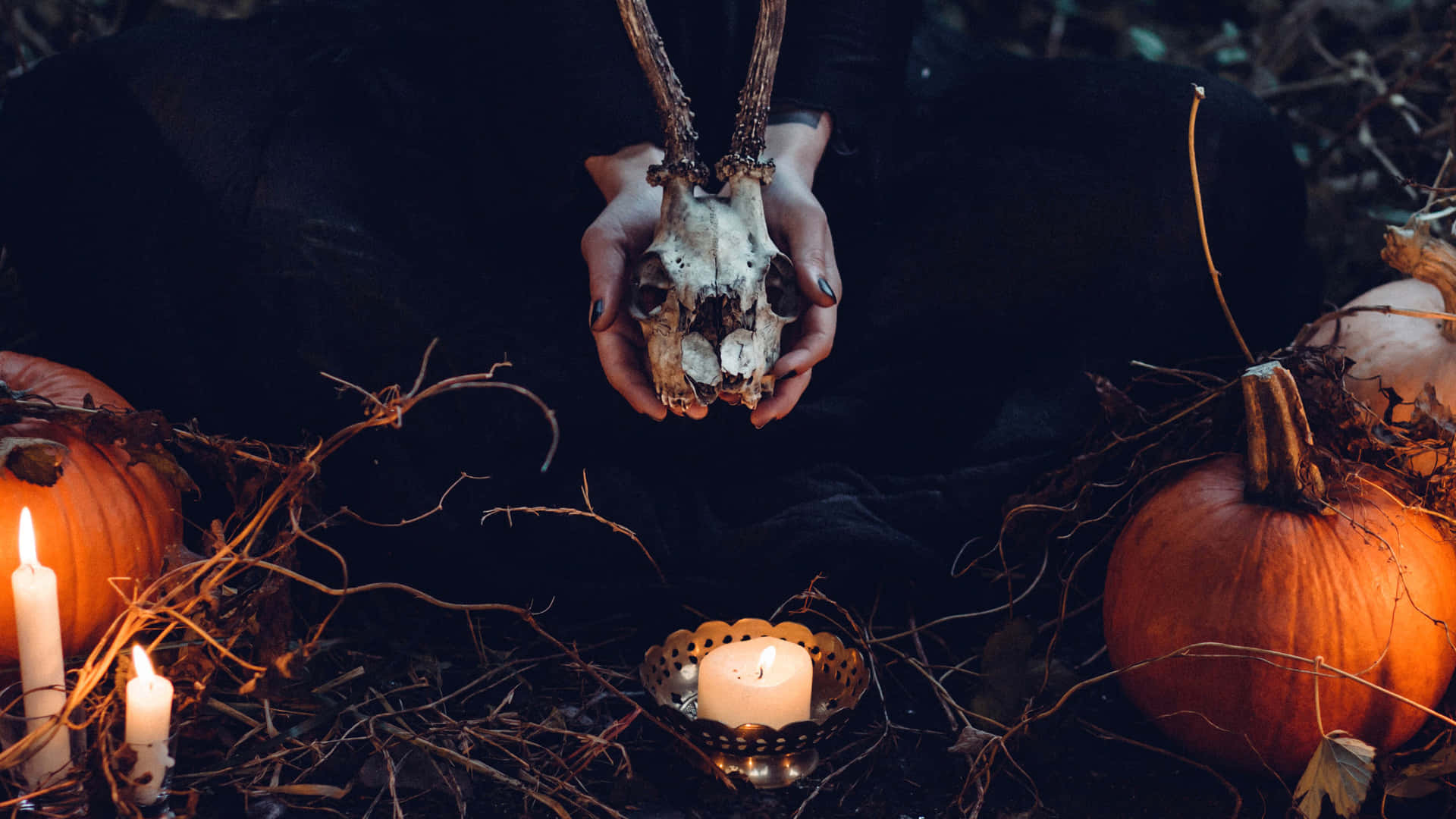 Dark Halloween Ritualwith Skulland Pumpkins Wallpaper