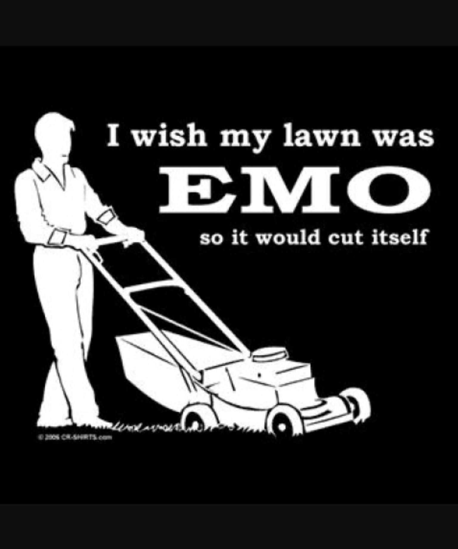 A Man With A Lawn Mower That Says I Wish My Lawn Was Emo So It Would Cut Itself