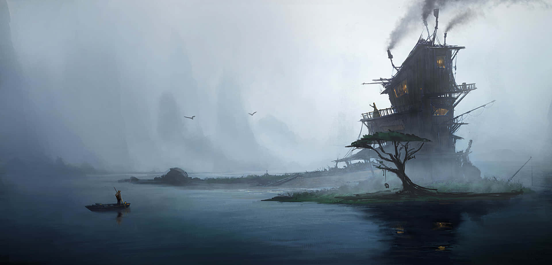 Mysterious Dark Island on a Misty Night Wallpaper