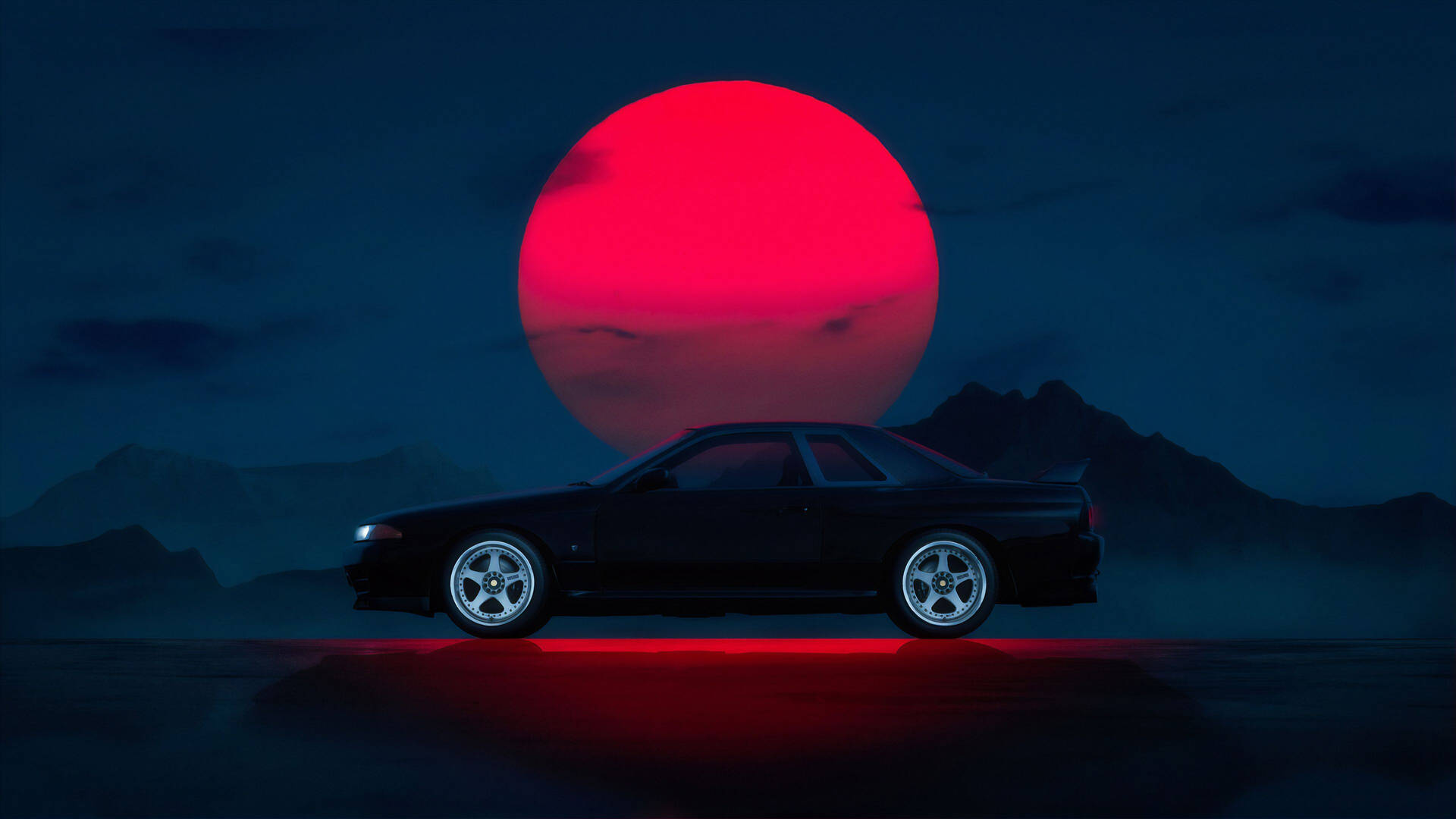 Mørk JDM-bil med røde solstråler Wallpaper