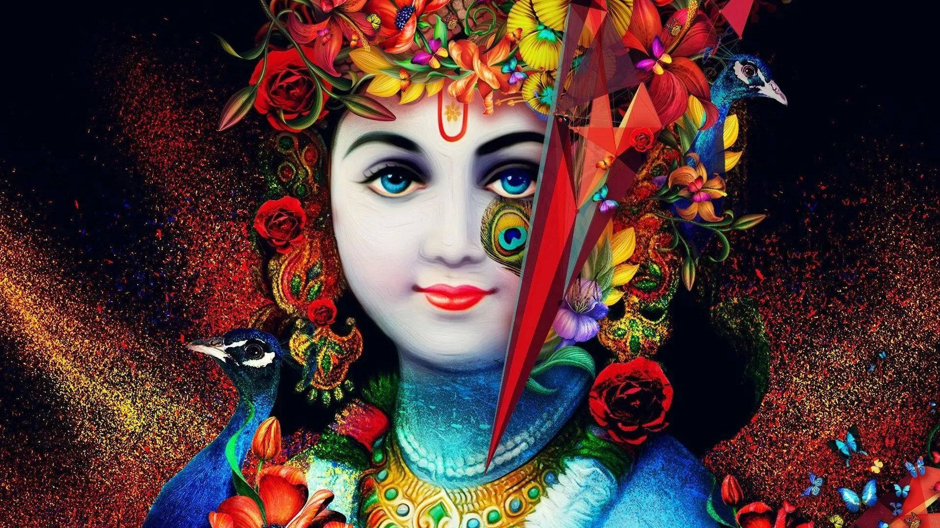Mørk Krishna med Blomsterkrone Levende Design Wallpaper