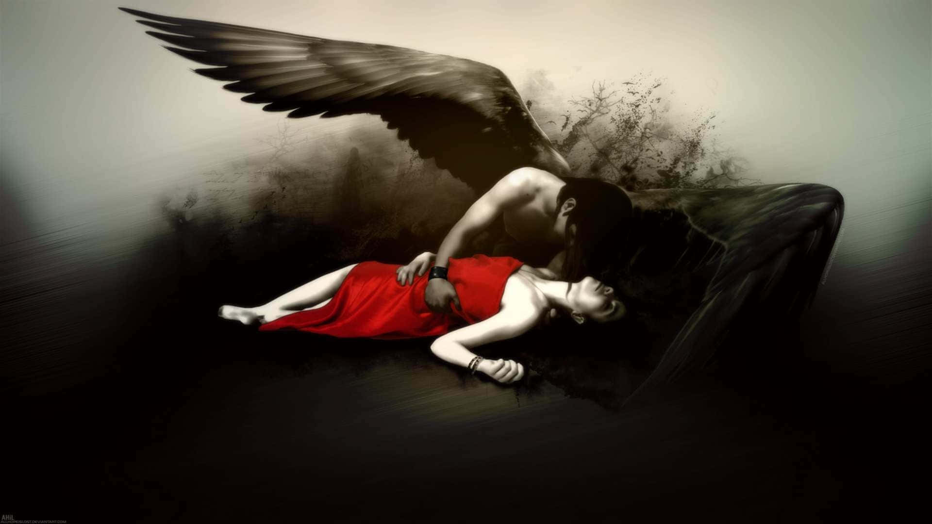 a woman with wings laying on the ground