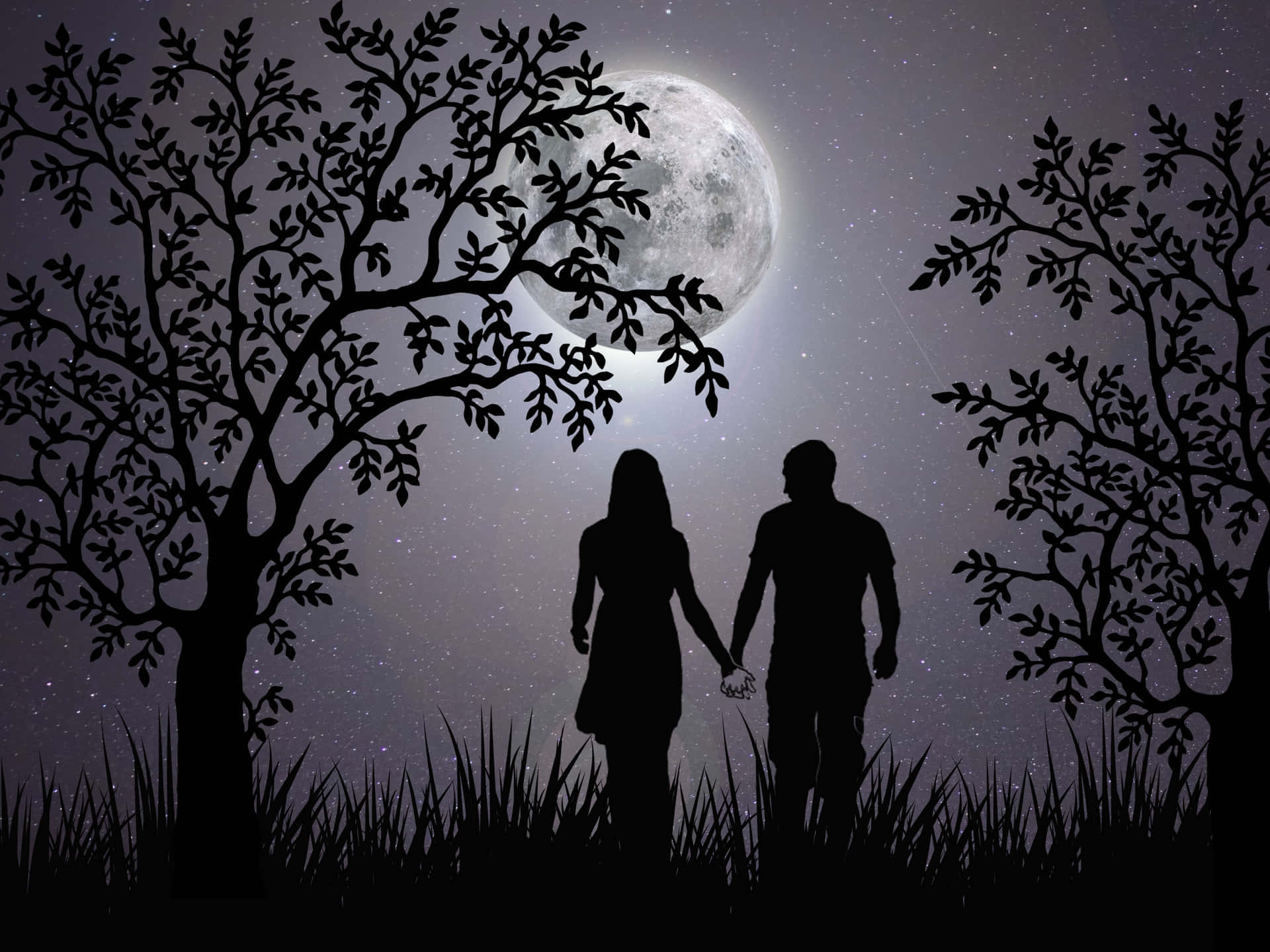 a couple holding hands under the moon