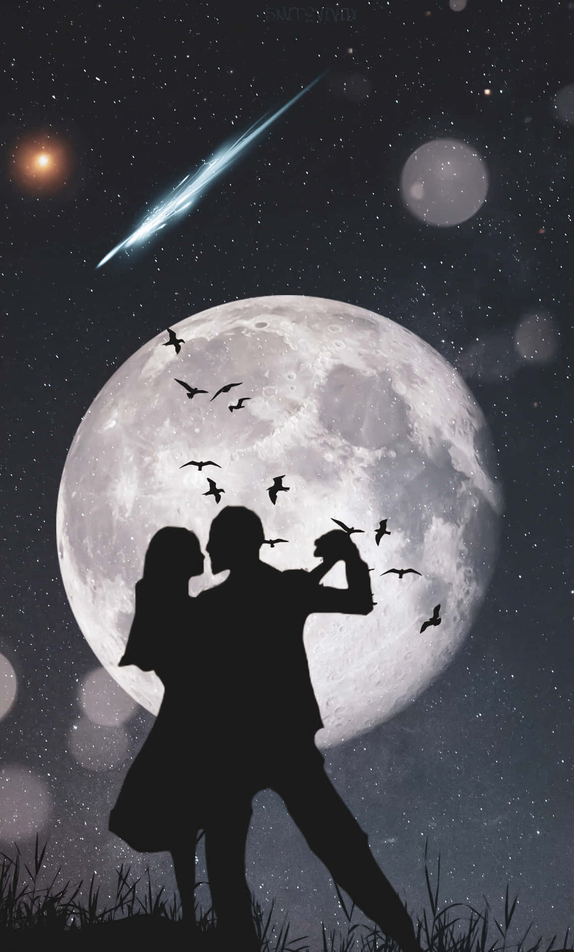 a couple kissing in front of the moon