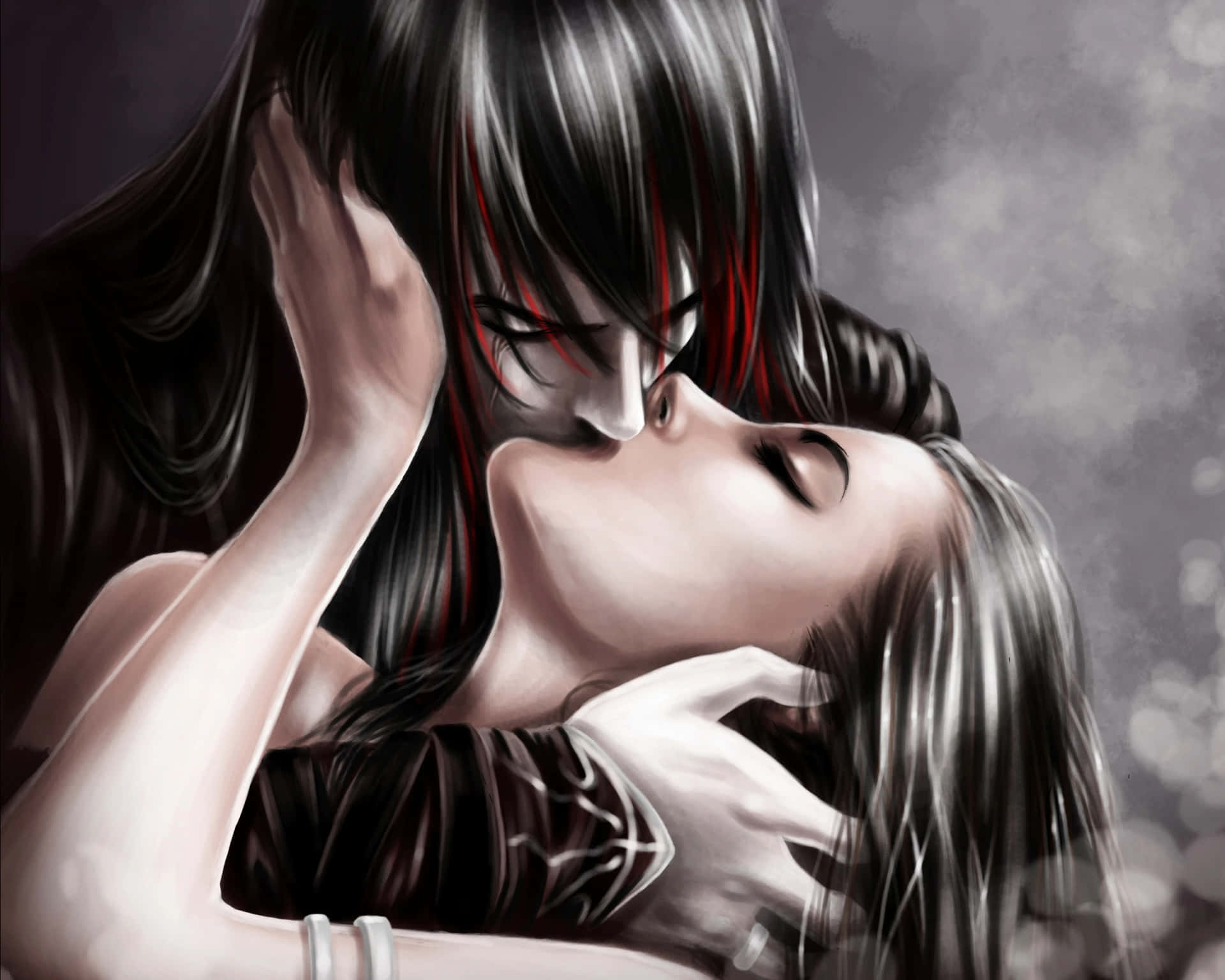 a couple kissing in dark with long hair