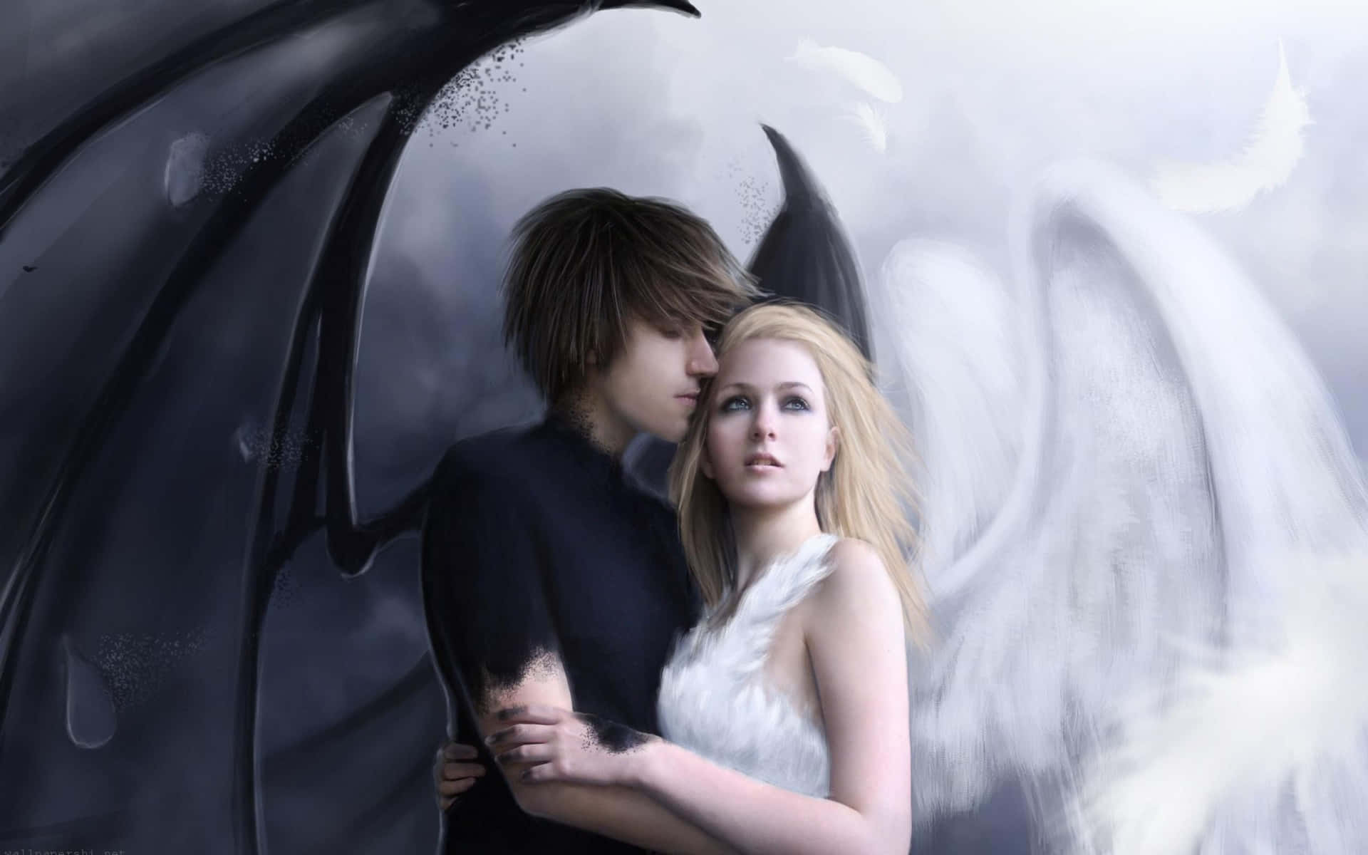Download A romantic couple embrace in a destroyed world with death angels  looming. Wallpaper