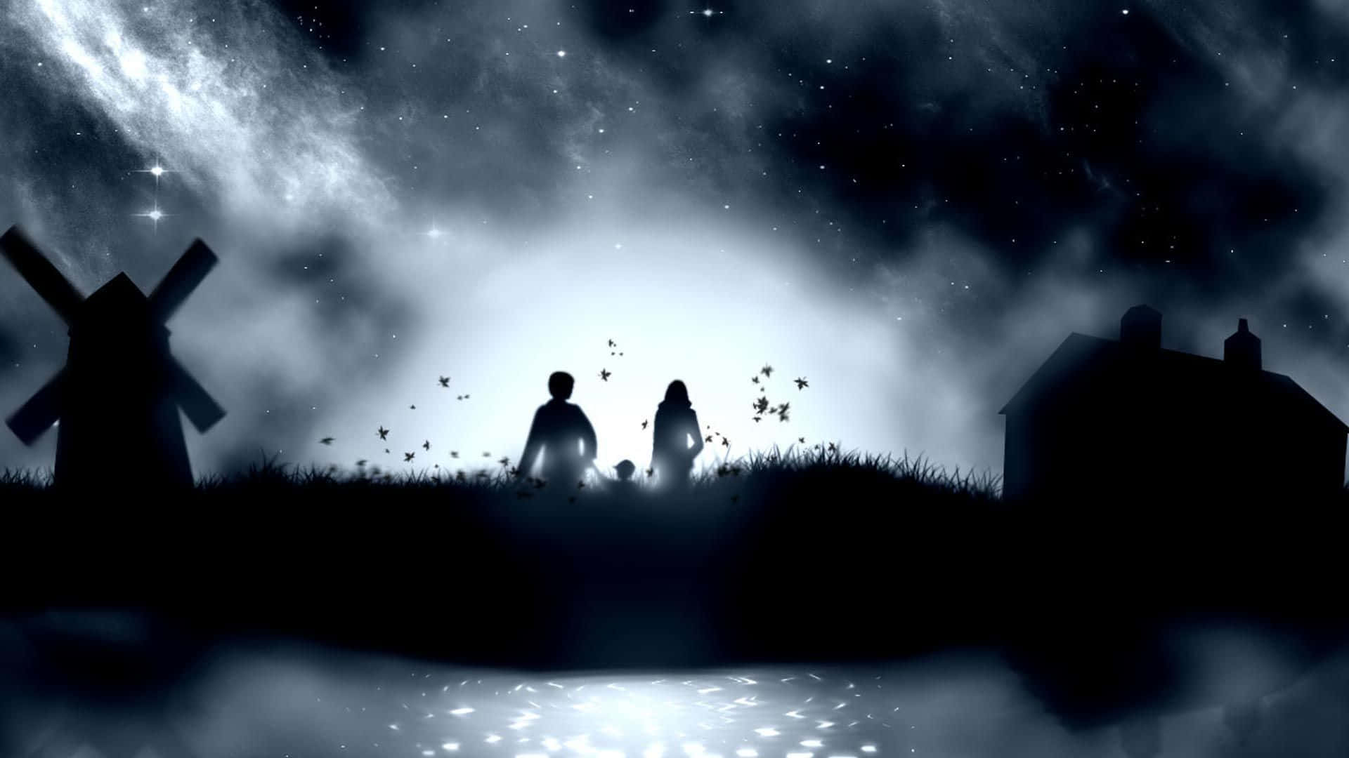 a silhouette of a couple standing under the moon