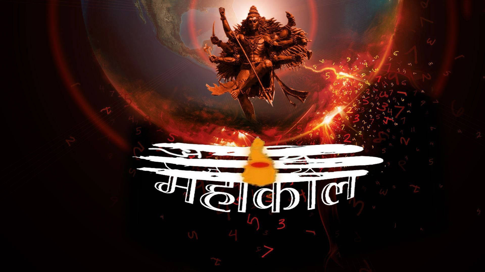 Oscuraimagen De Mahadev Con Seis Brazos Y Texto En Hindi. Fondo de pantalla