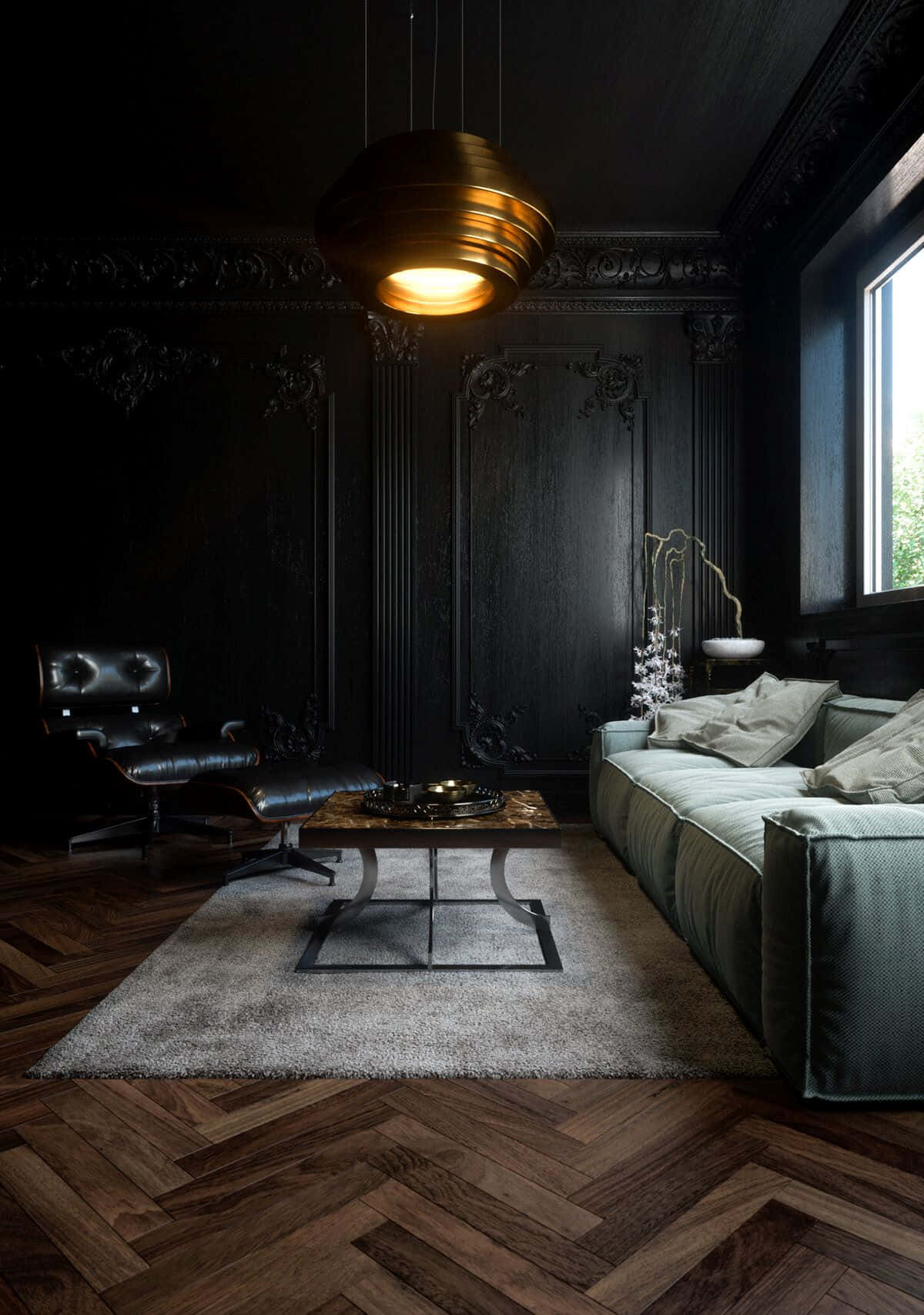 Dark Moody Living Room Interior Design Wallpaper