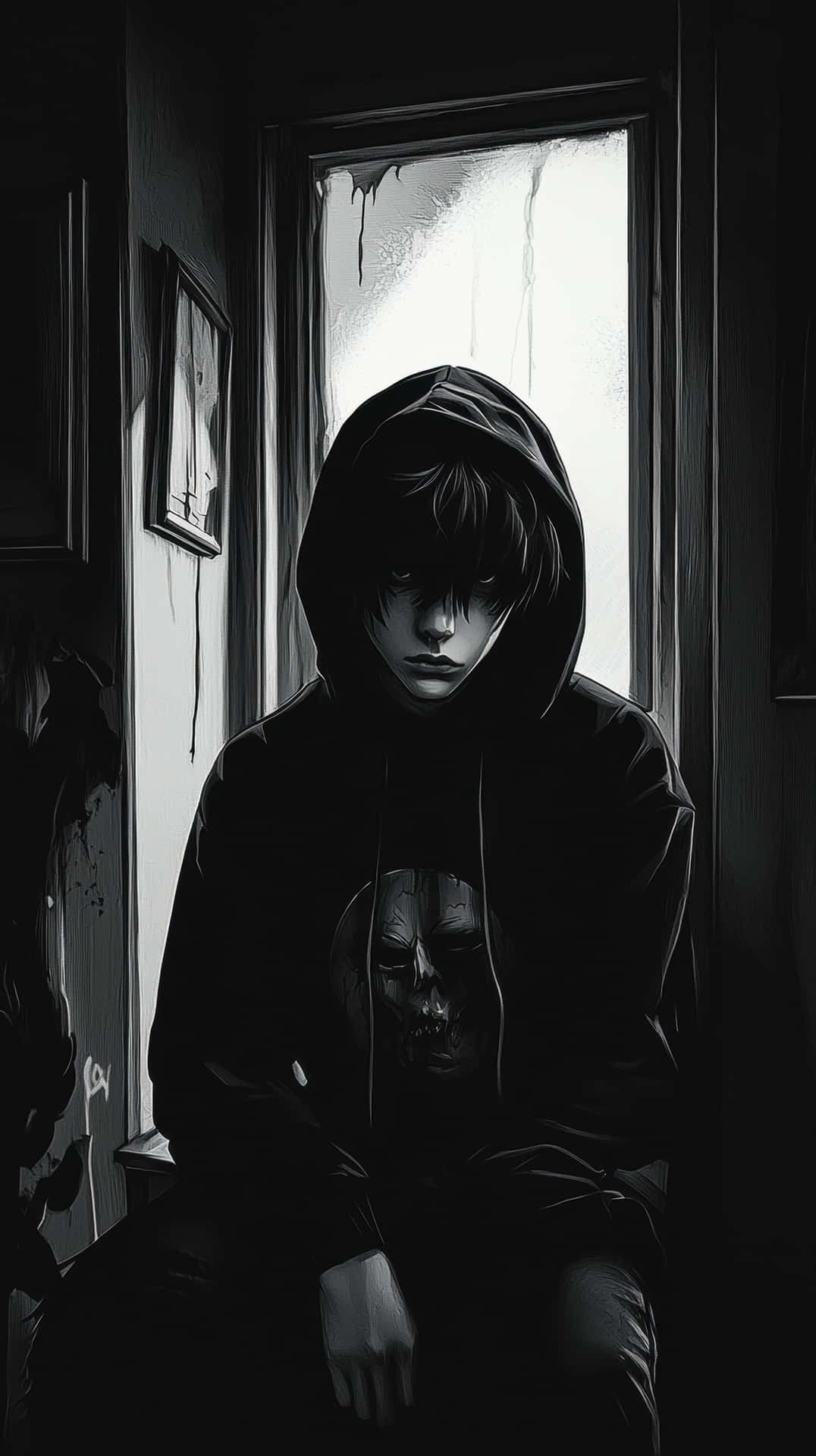 Dark Moody Portrait Of A Hooded Figure Sitting By A Frosted Window In A Gloomy Room Wallpaper