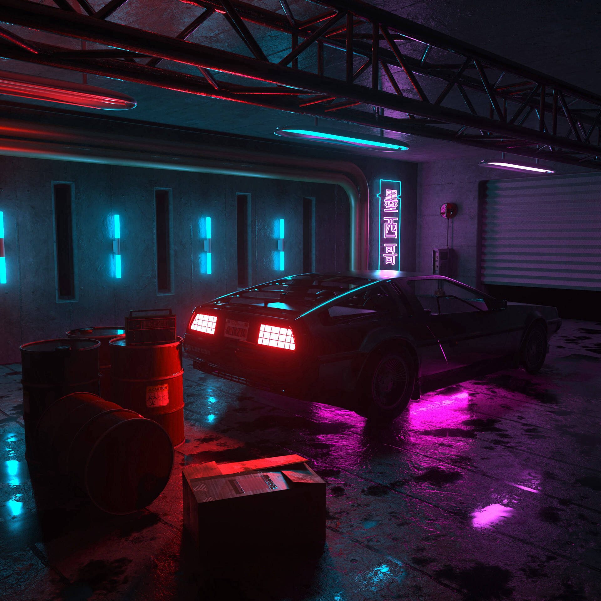 Dark Neon Car In A Garage Wallpaper