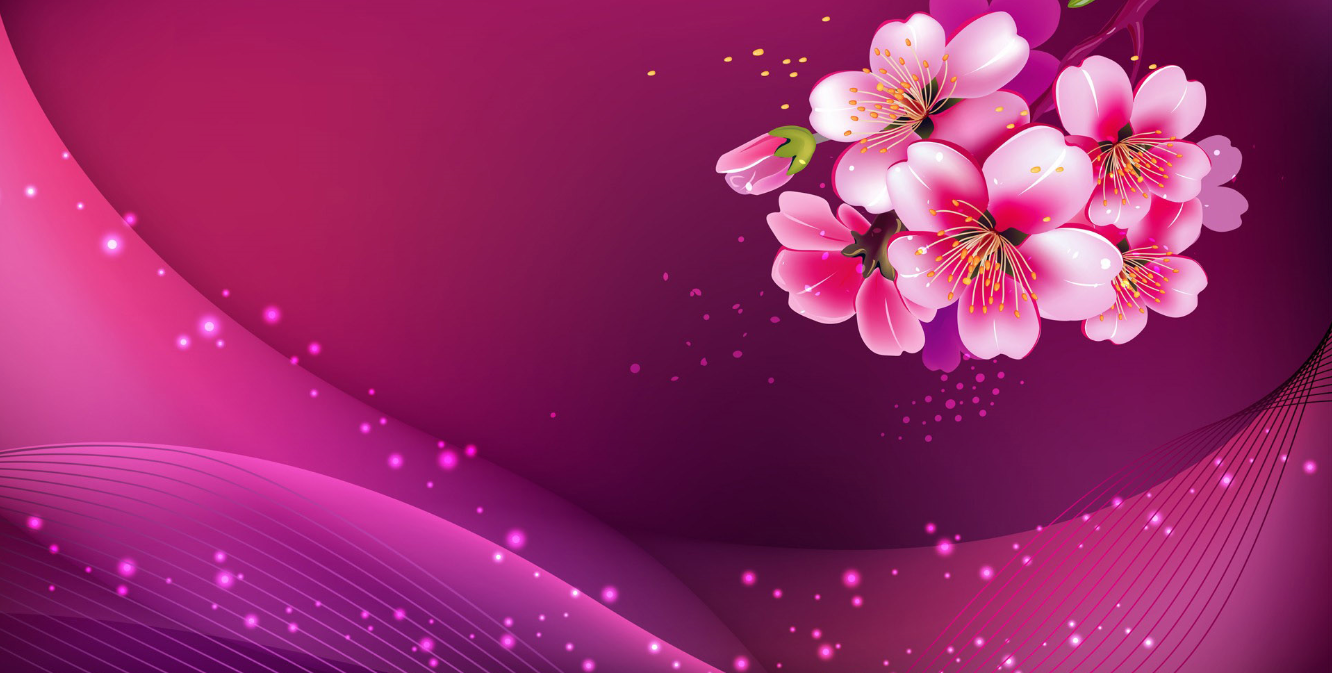 A Dark Pink Background with a Sunset Glow Background — Pink cherry blossoms bloom against a gradient magenta background with glowing sparkles and flowing curves.