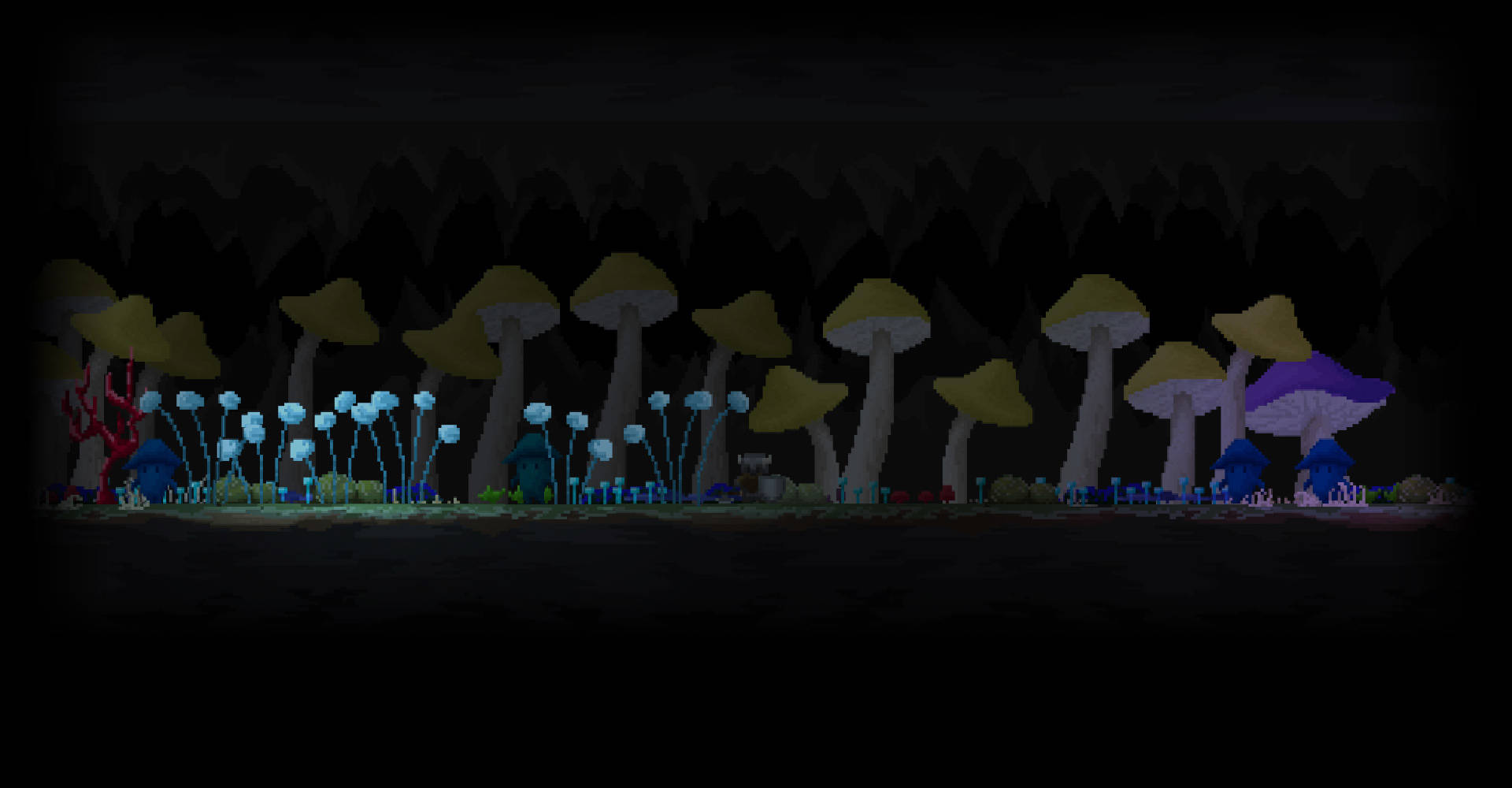 A Dark Cave With Mushrooms And A Light Wallpaper