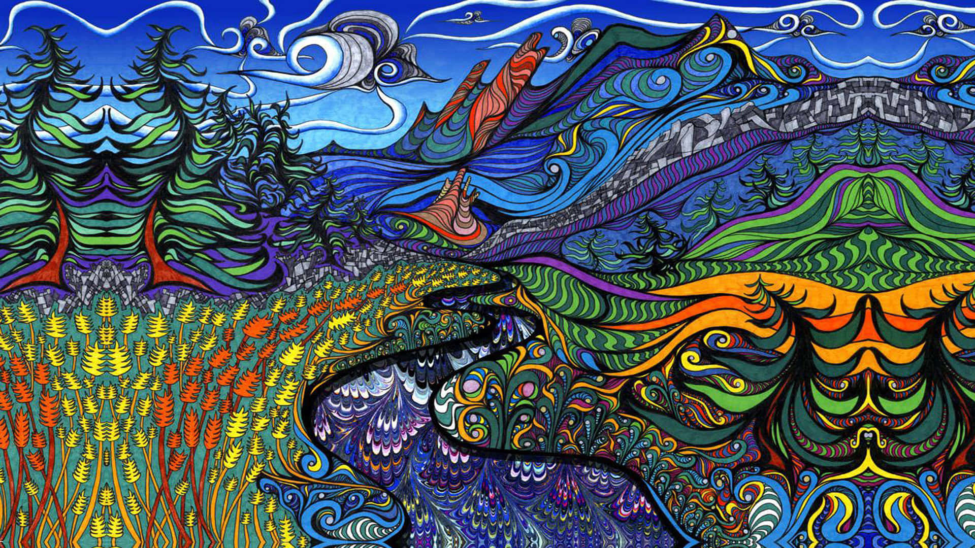 Einfarbenfrohes Gemälde Eines Berges Und Bäumen Wallpaper