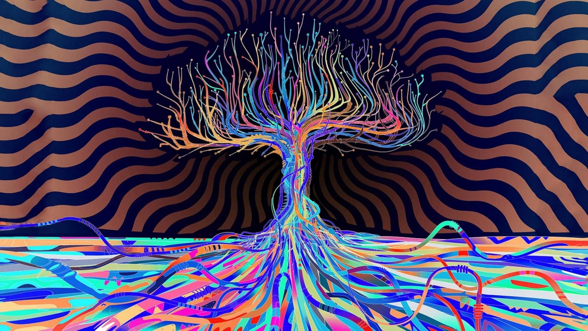 A Colorful Tree With Roots In The Middle Of A Striped Background Wallpaper