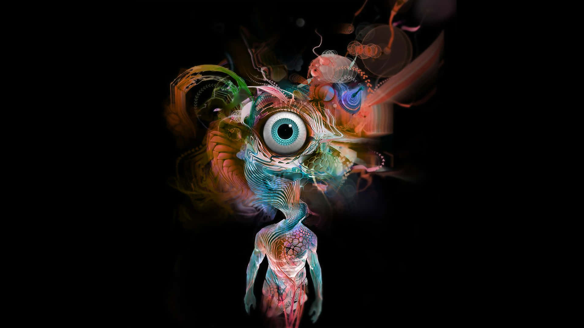 Et farverigt billede af en person med et stort øje stirrende ud fra mørket. Wallpaper