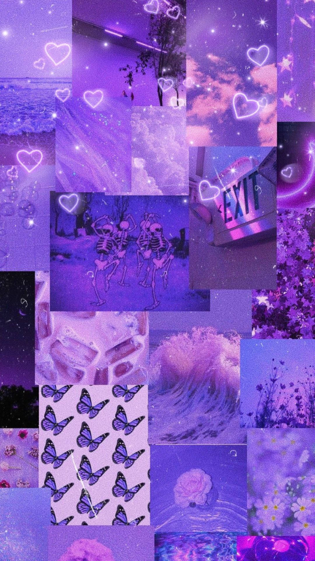Dark Purple Hearts And Butterfly Collage Aesthetic Wallpaper