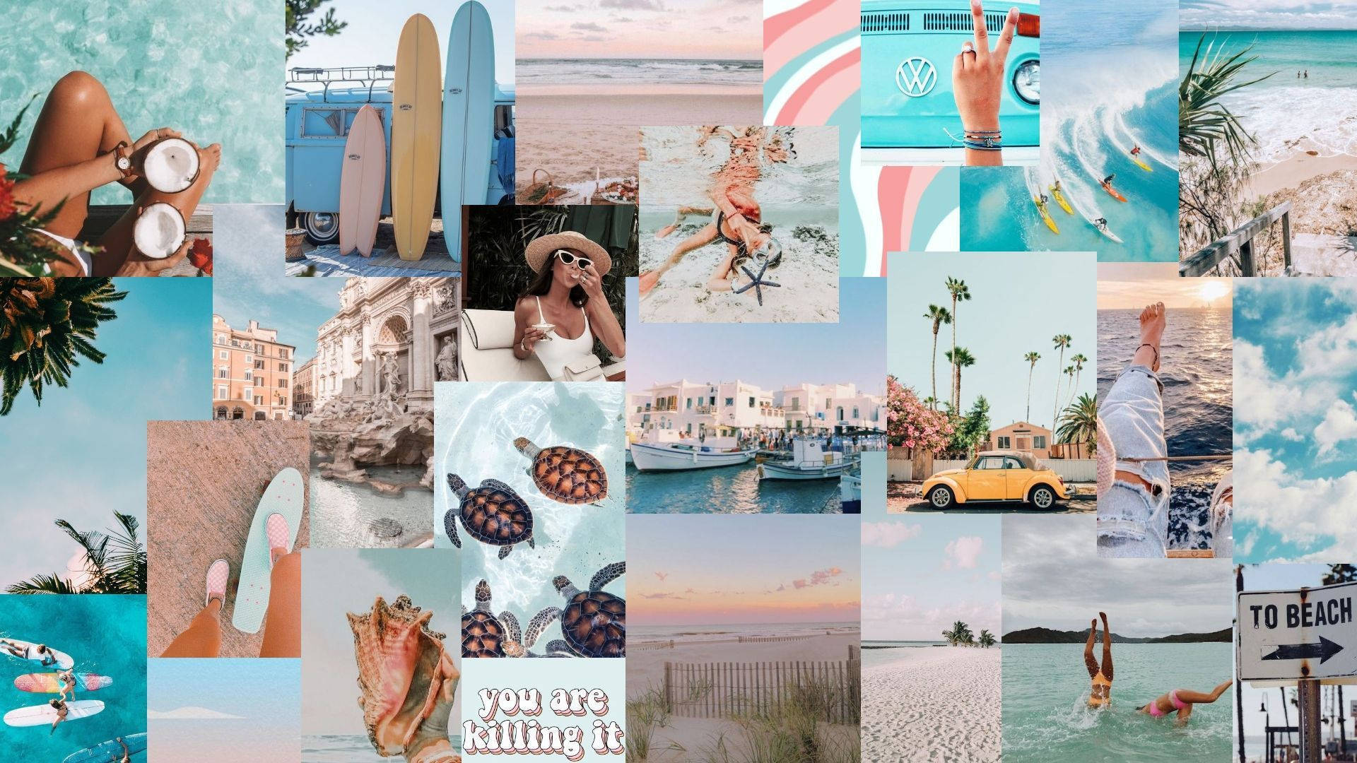 En collage af fotos af mennesker og strandscener Wallpaper