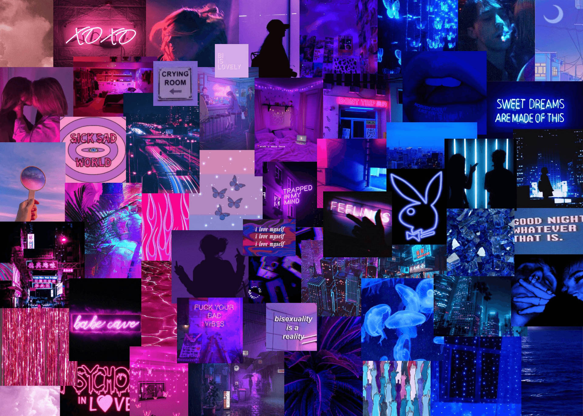 Estéticade Collage De Conejos Púrpura Oscuro Y Azul Fondo de pantalla