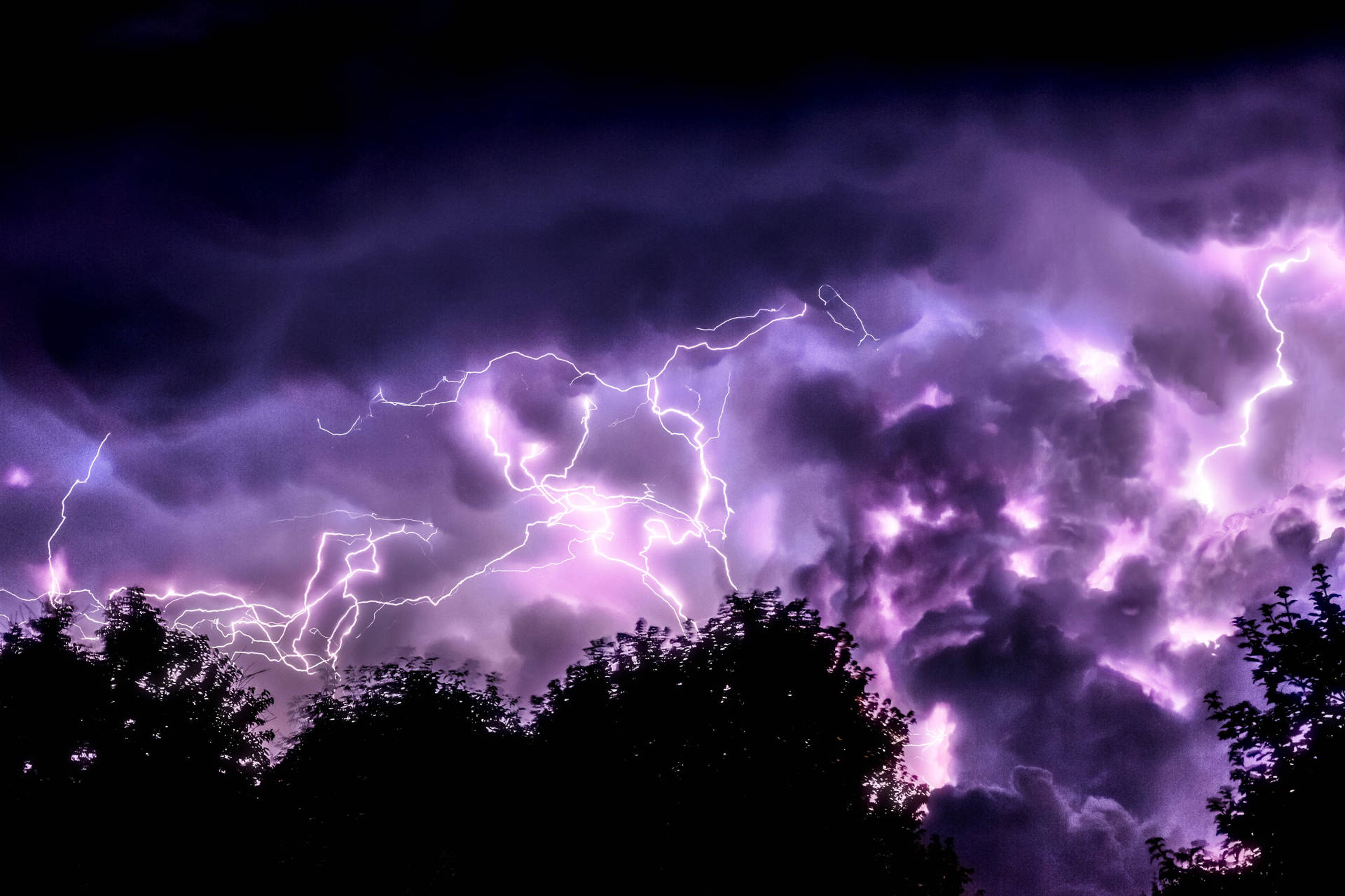 Lightning Storm In The Sky With Trees Wallpaper