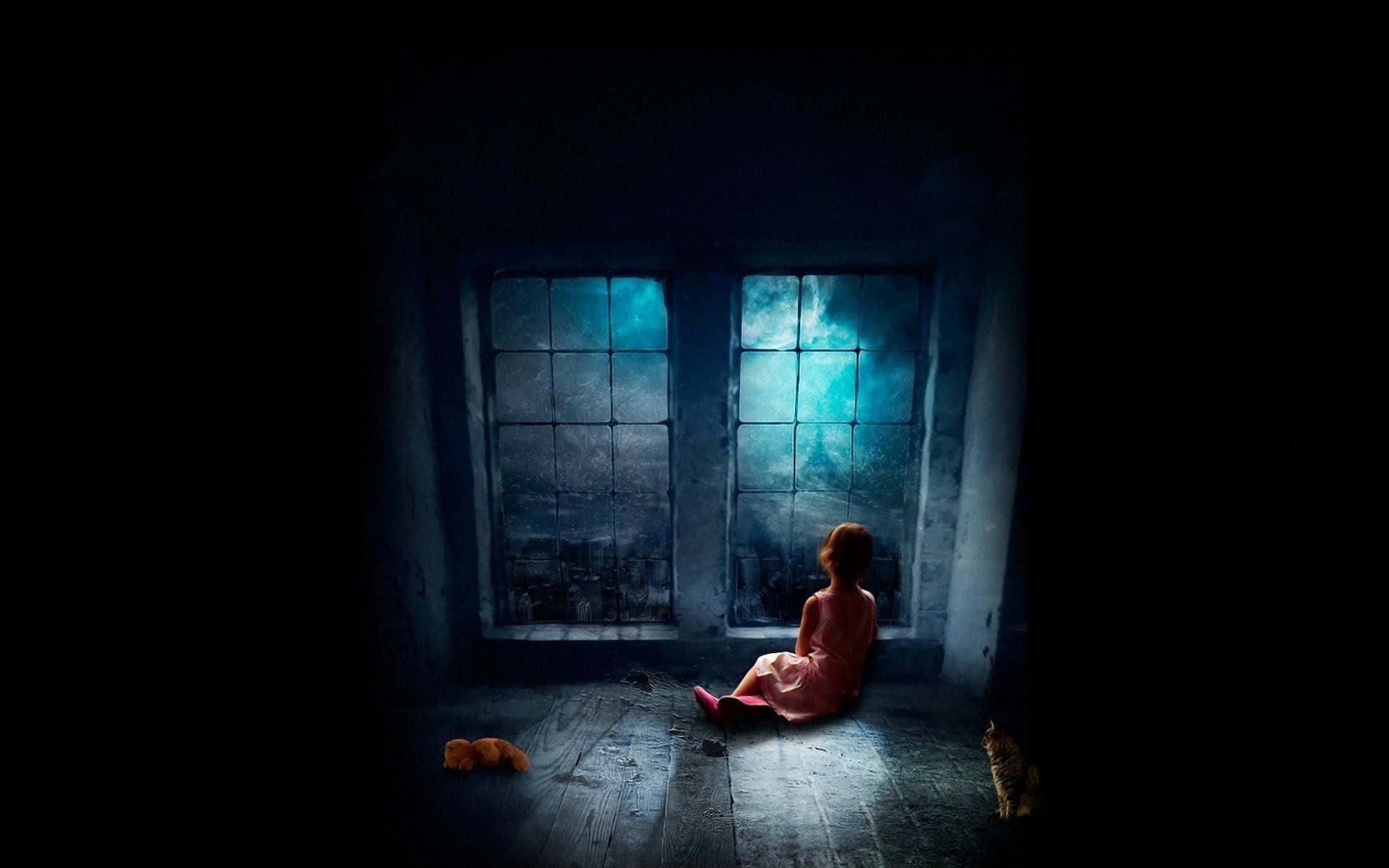 A Girl Sitting In Front Of A Window In A Dark Room