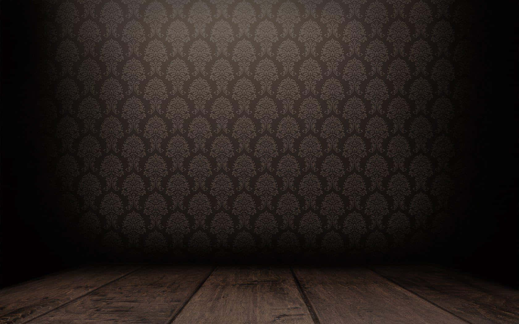 An Empty Room With A Dark Wallpaper And Wooden Floor