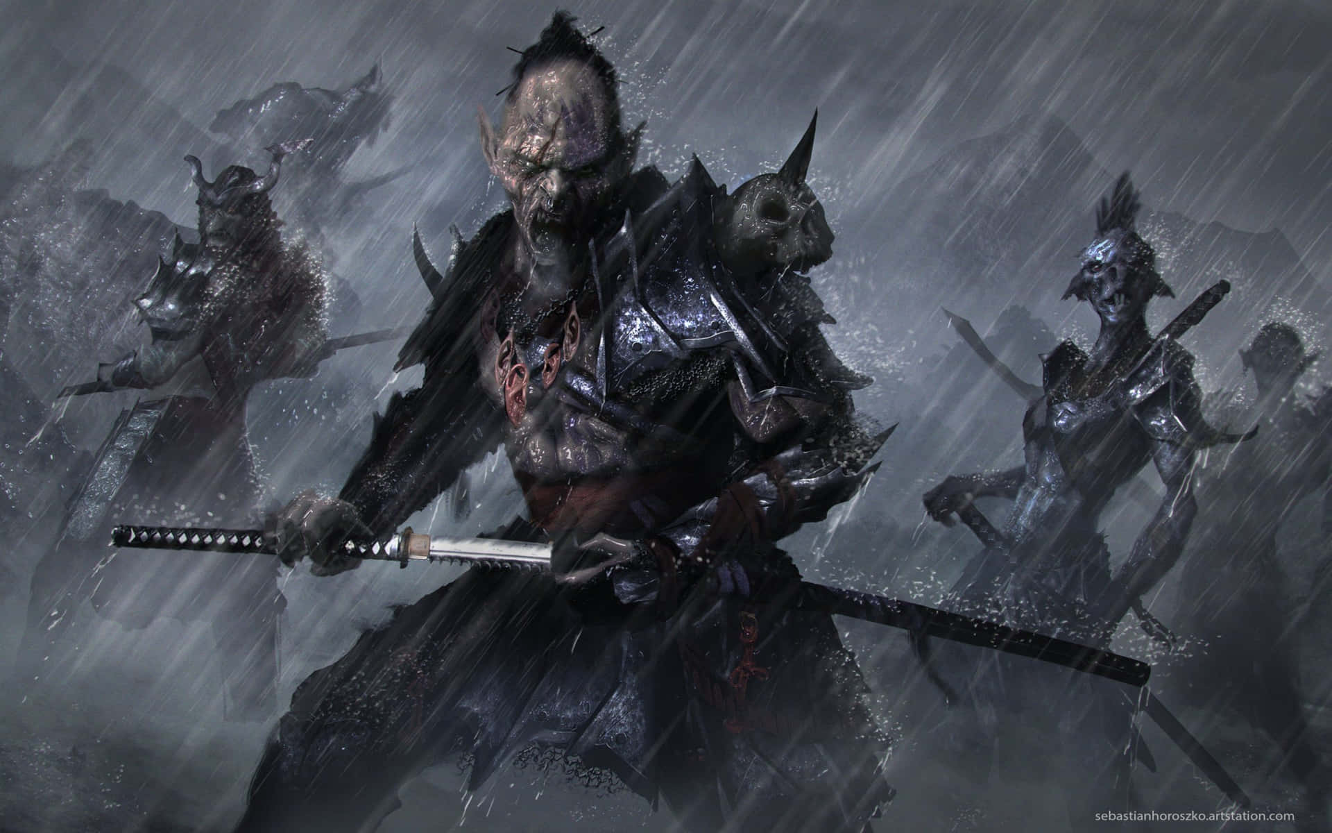 Gruppodel Samurai Oscuro In Un Campo Di Battaglia Piovoso Sfondo