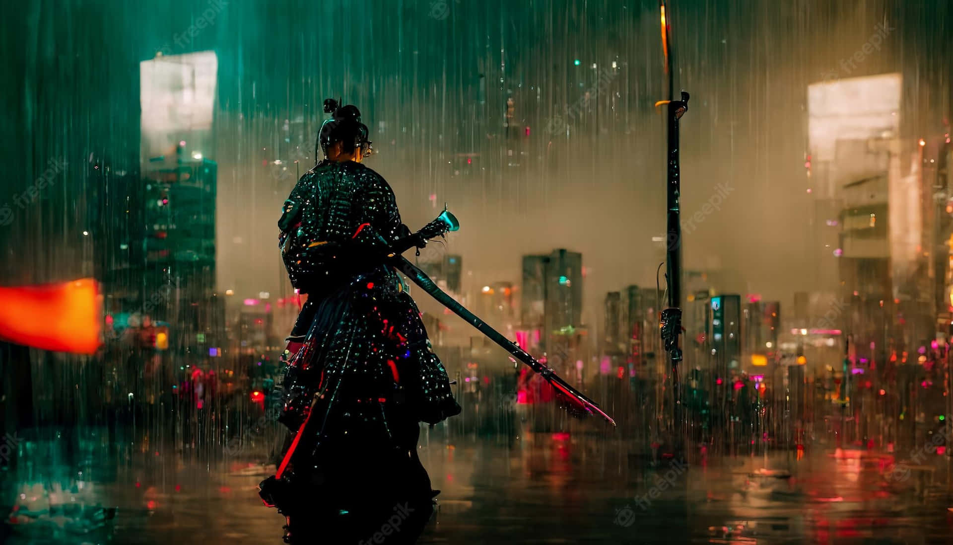 Sort samurai dame i regn Wallpaper