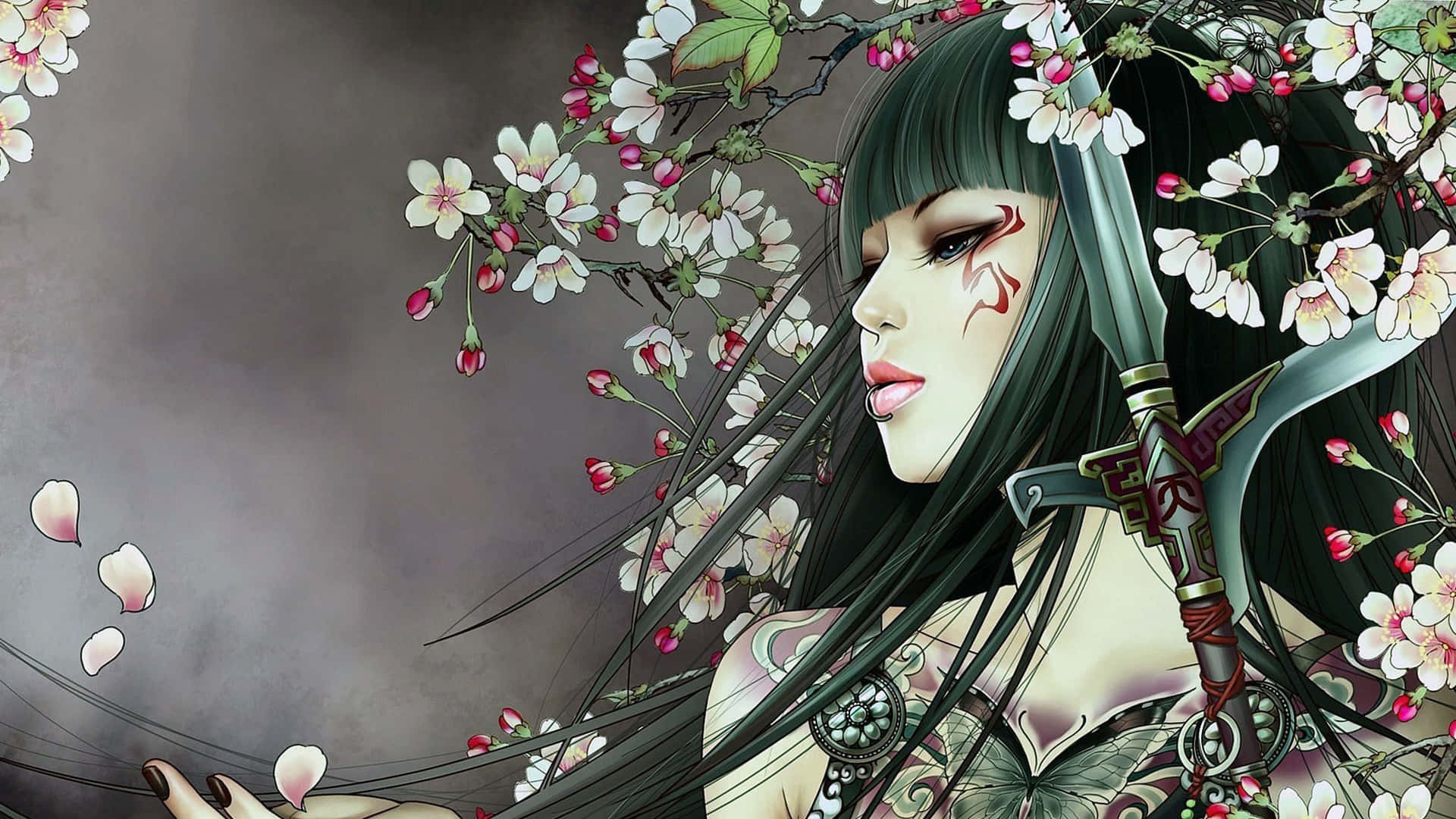 Dark Samurai Girl With Flowers Wallpaper
