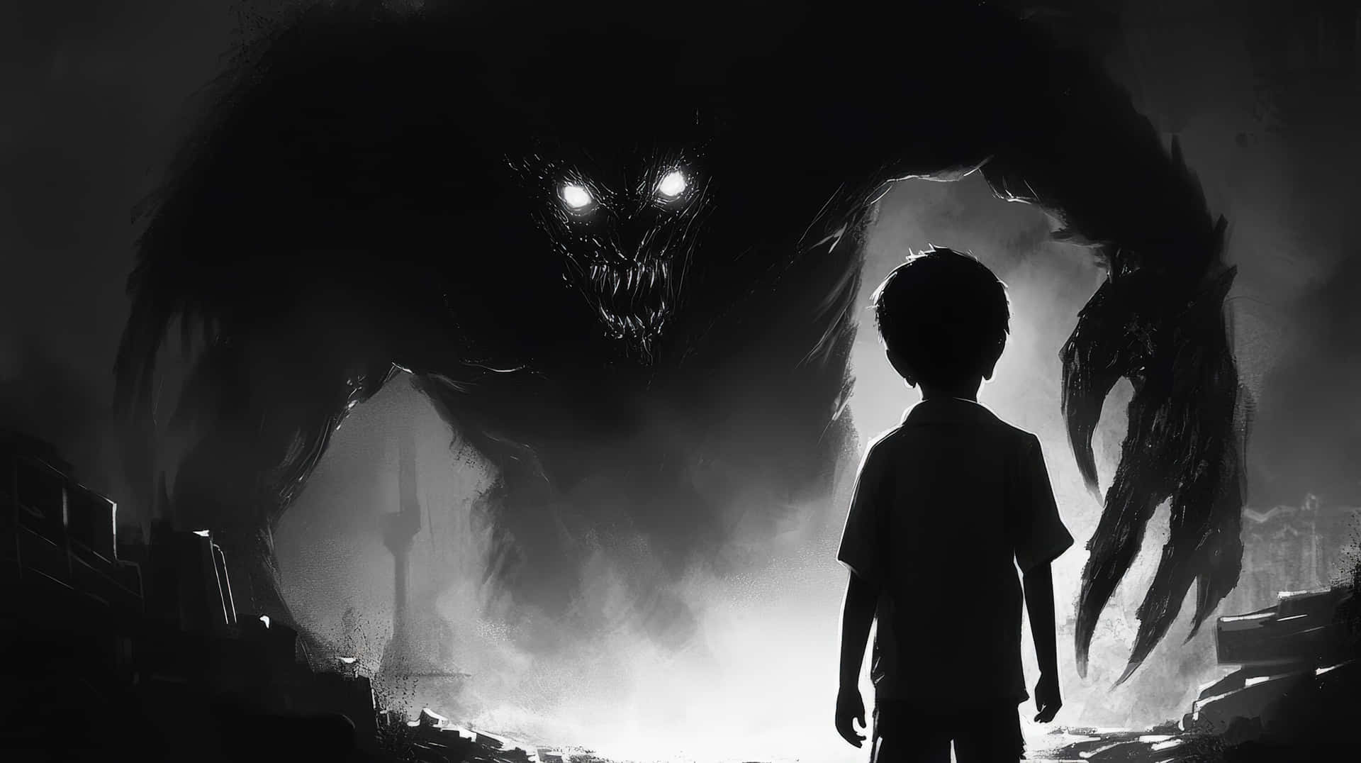 Dark Silhouette Of A Child Facing A Menacing Shadowy Monster With Glowing Eyes Wallpaper