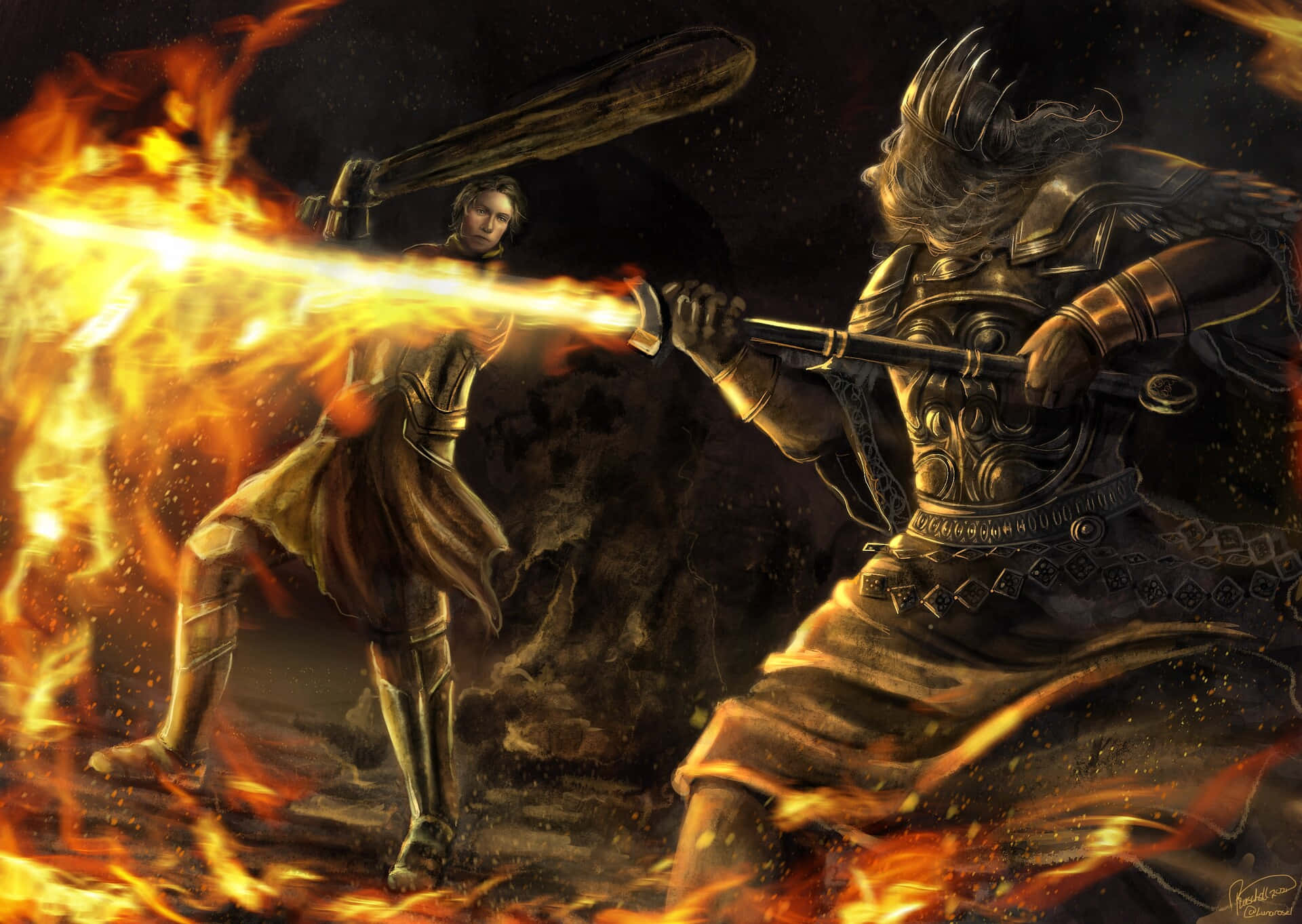 The mighty Gwyn, Lord of Sunlight, in a fiery stance, ready for battle in Dark Souls. Wallpaper