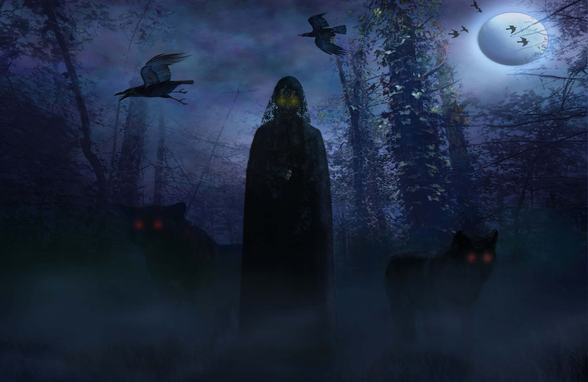 Mysterious Dark Spirit in a Haunted Forest Wallpaper