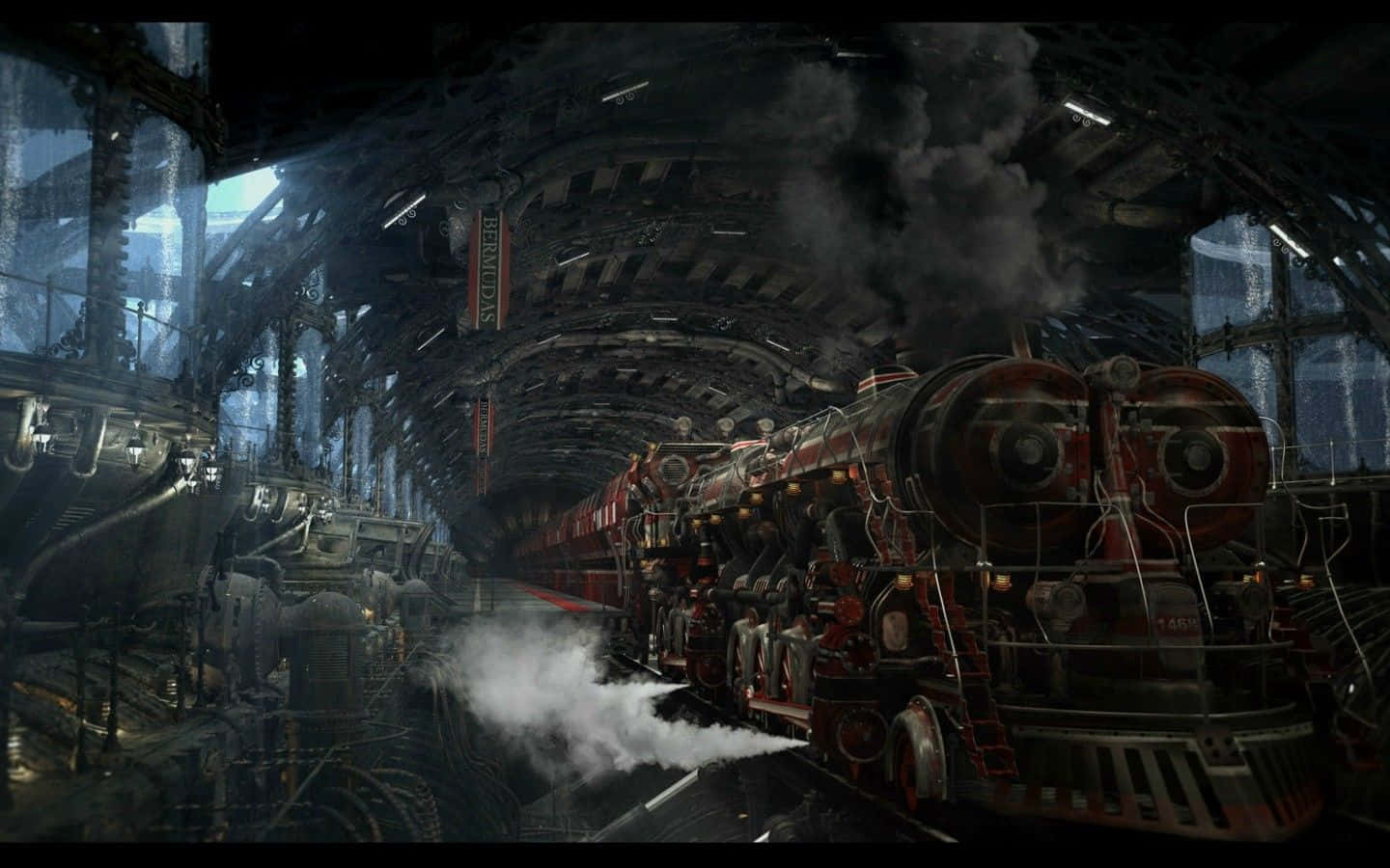 Dark Steampunk Cityscape with Industrial Machines and Gears Wallpaper
