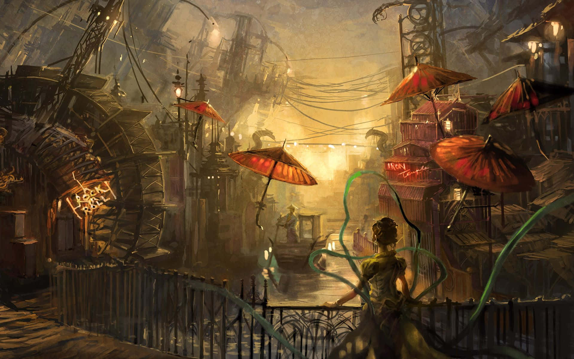 Dark Steampunk Industrial Cityscape Wallpaper
