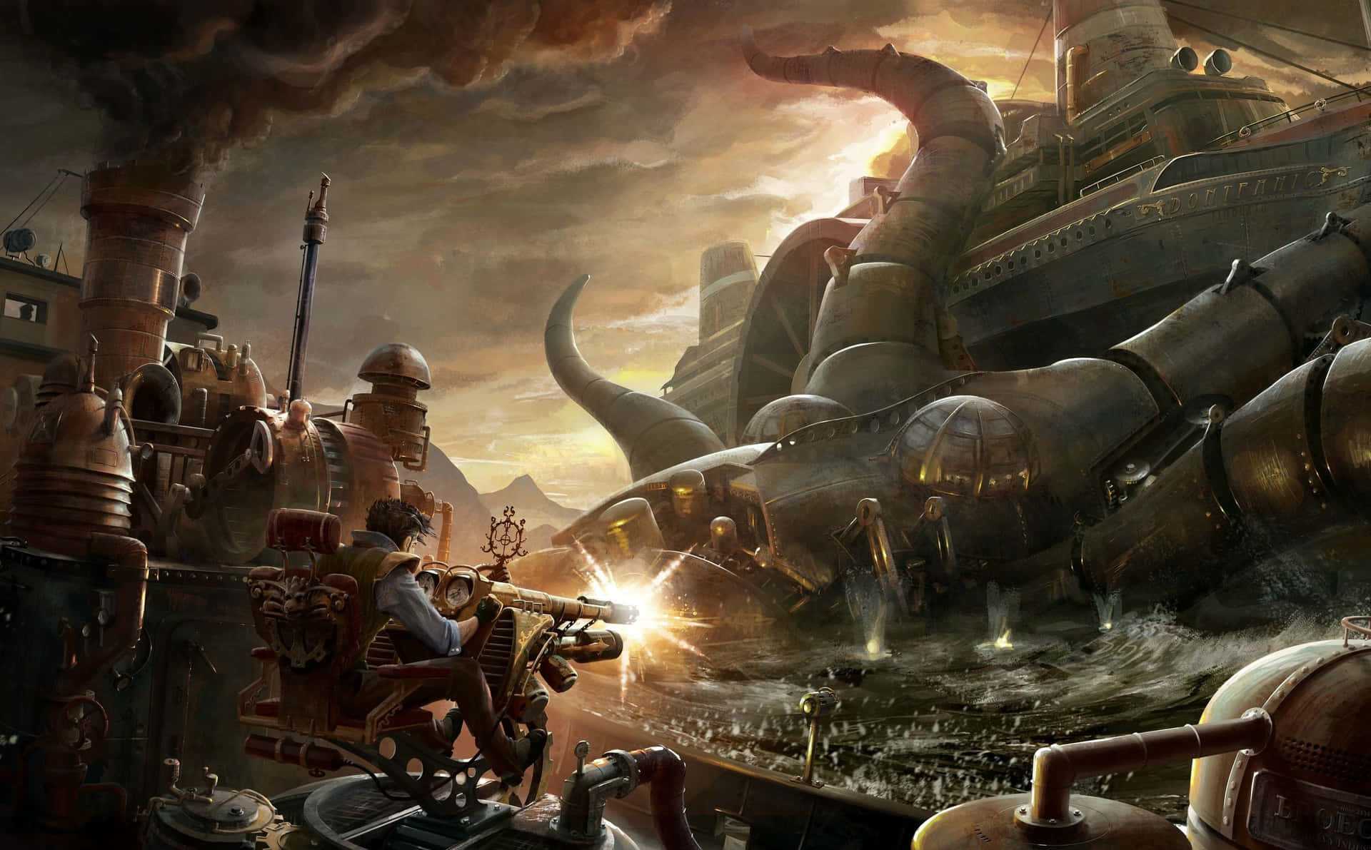 Dark Steampunk Fantasy Cityscape Wallpaper