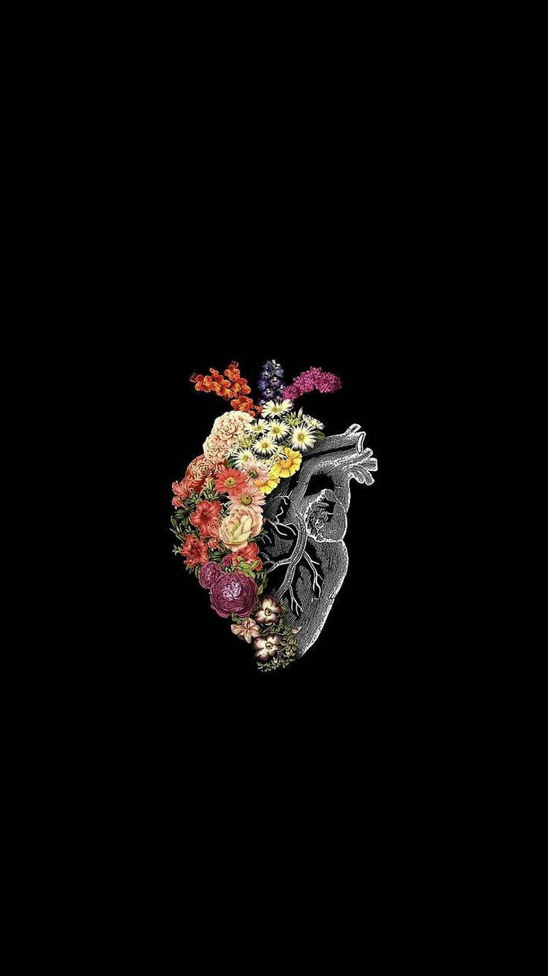 Dark Theme Human Heart And Flower Art Wallpaper
