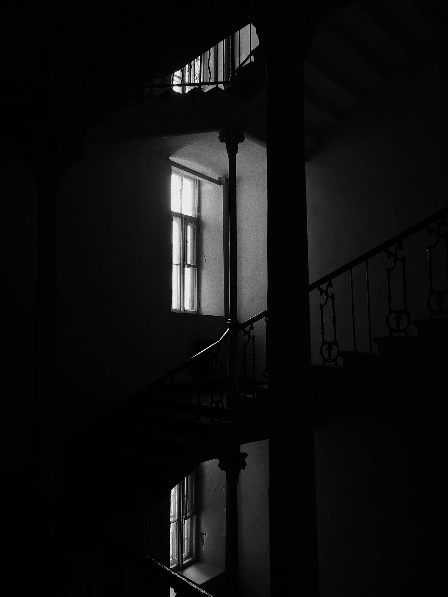 Dark Theme Interior Windows Stairs Wallpaper