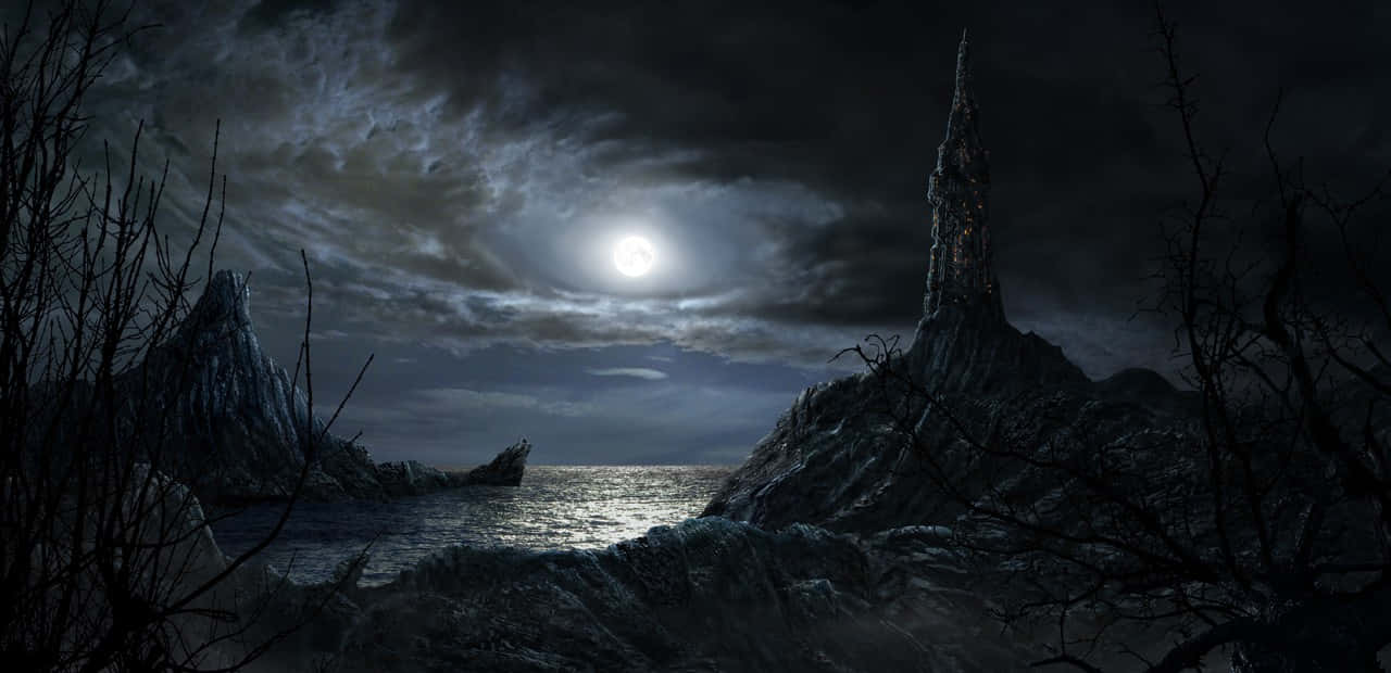 A mysterious dark tower against an ominous sky Wallpaper