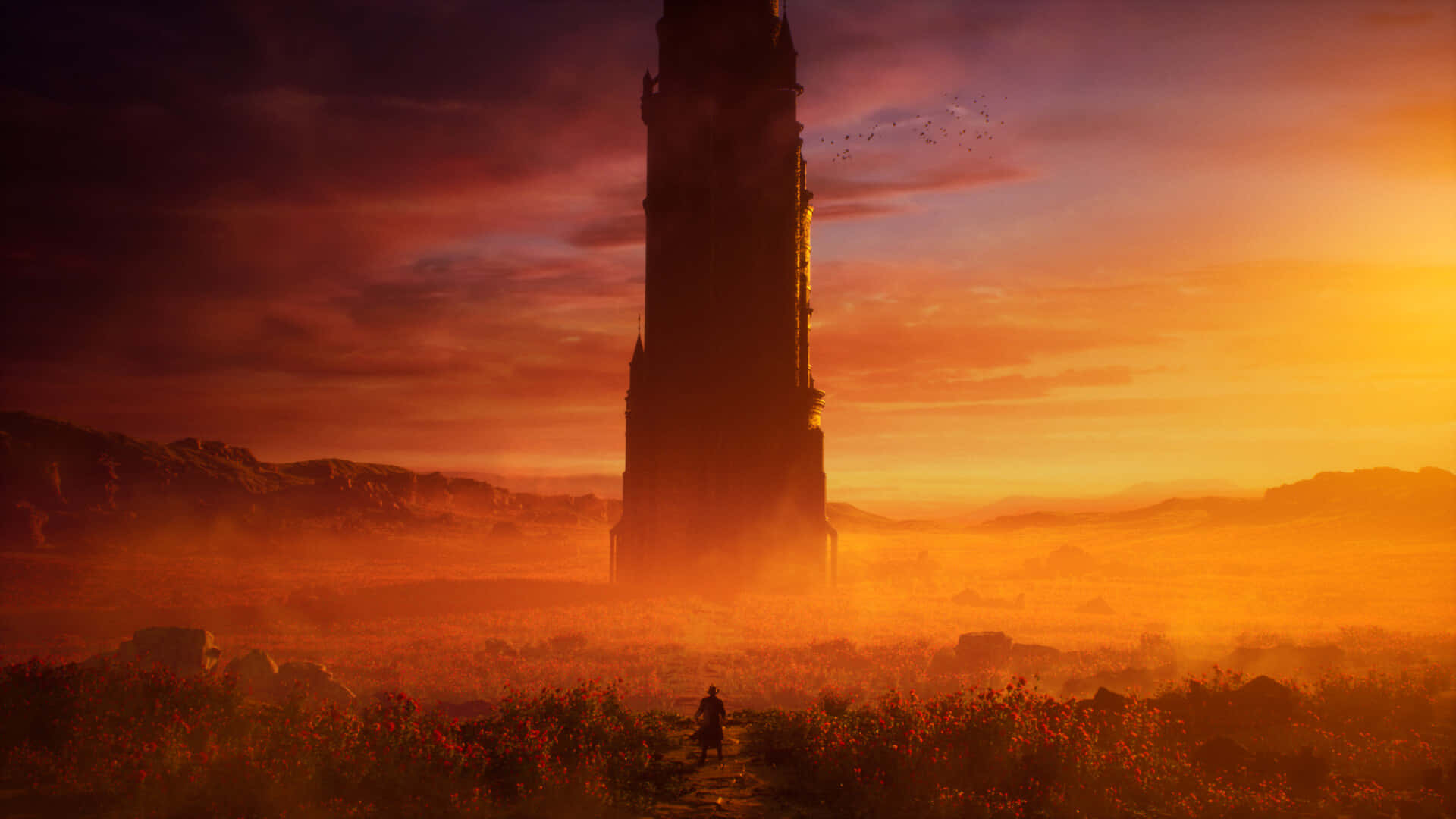 Mysterious Dark Tower amidst night sky Wallpaper
