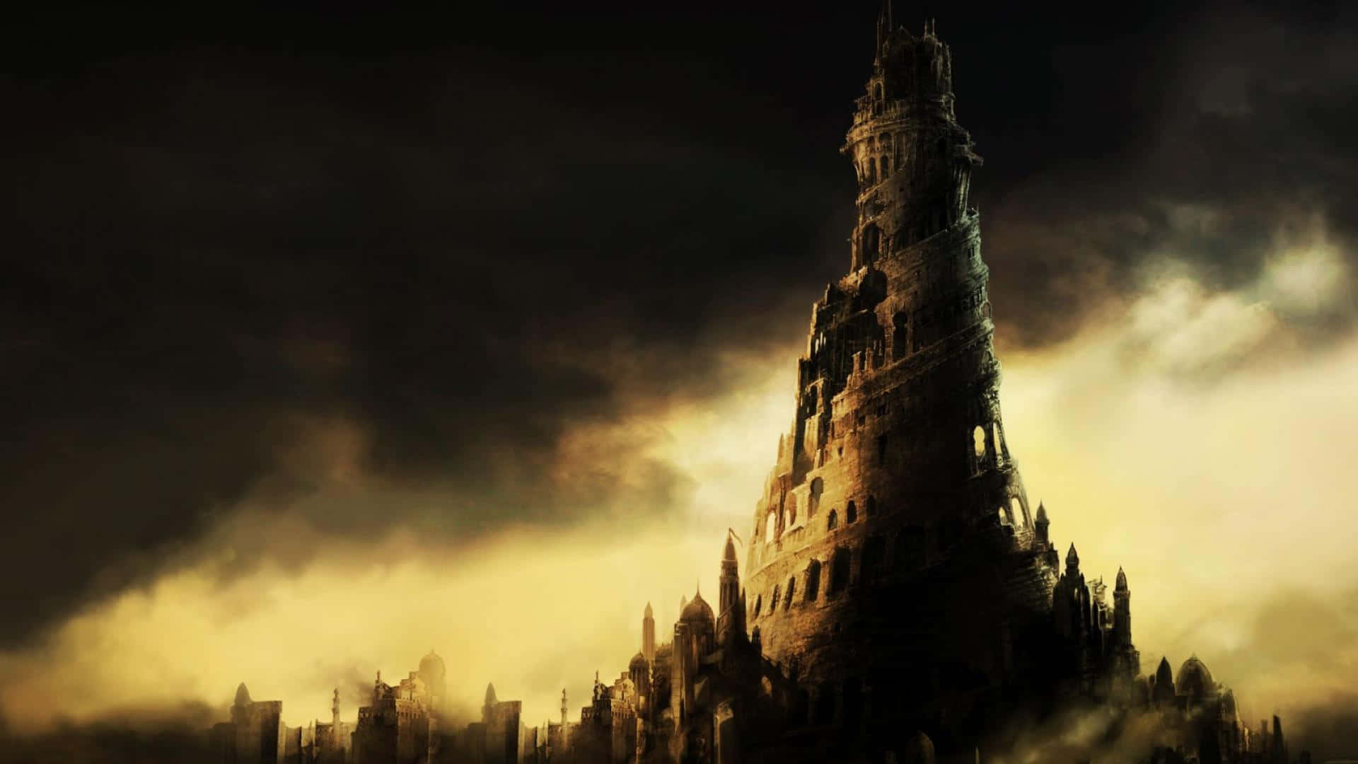 Dark Tower Rising in a Mystical Landscape Wallpaper