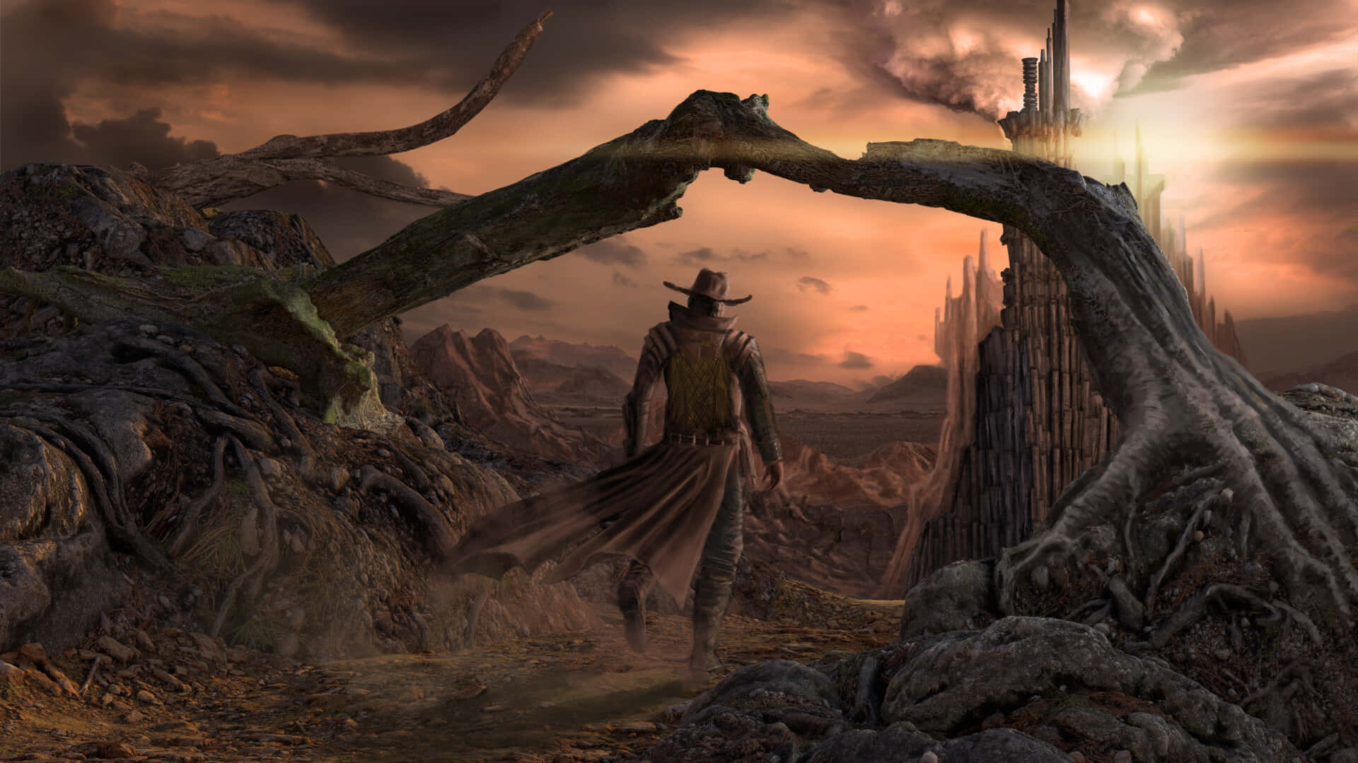 The Dark Tower standing majestically against a mysterious night sky Wallpaper