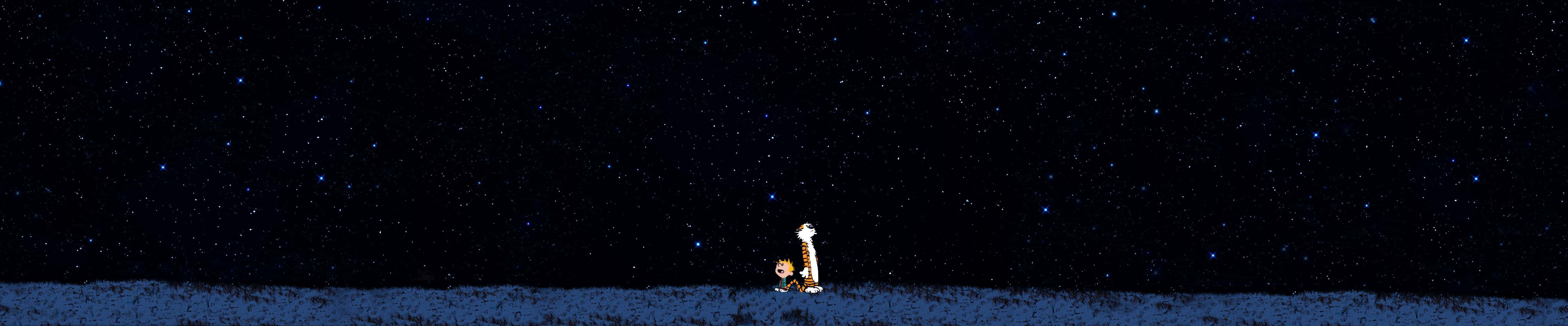 Calvin og Hobbes mørkt triple-skærms tapet Wallpaper