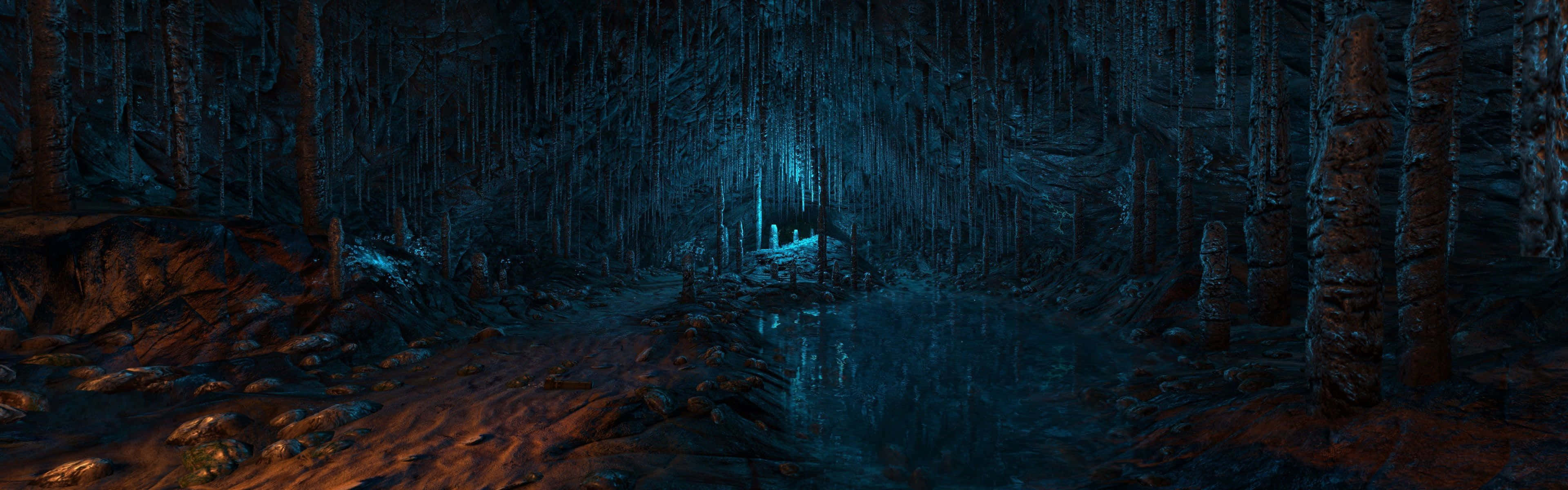 Mørk triple skærm væg billed af trist skov med blå glød Wallpaper