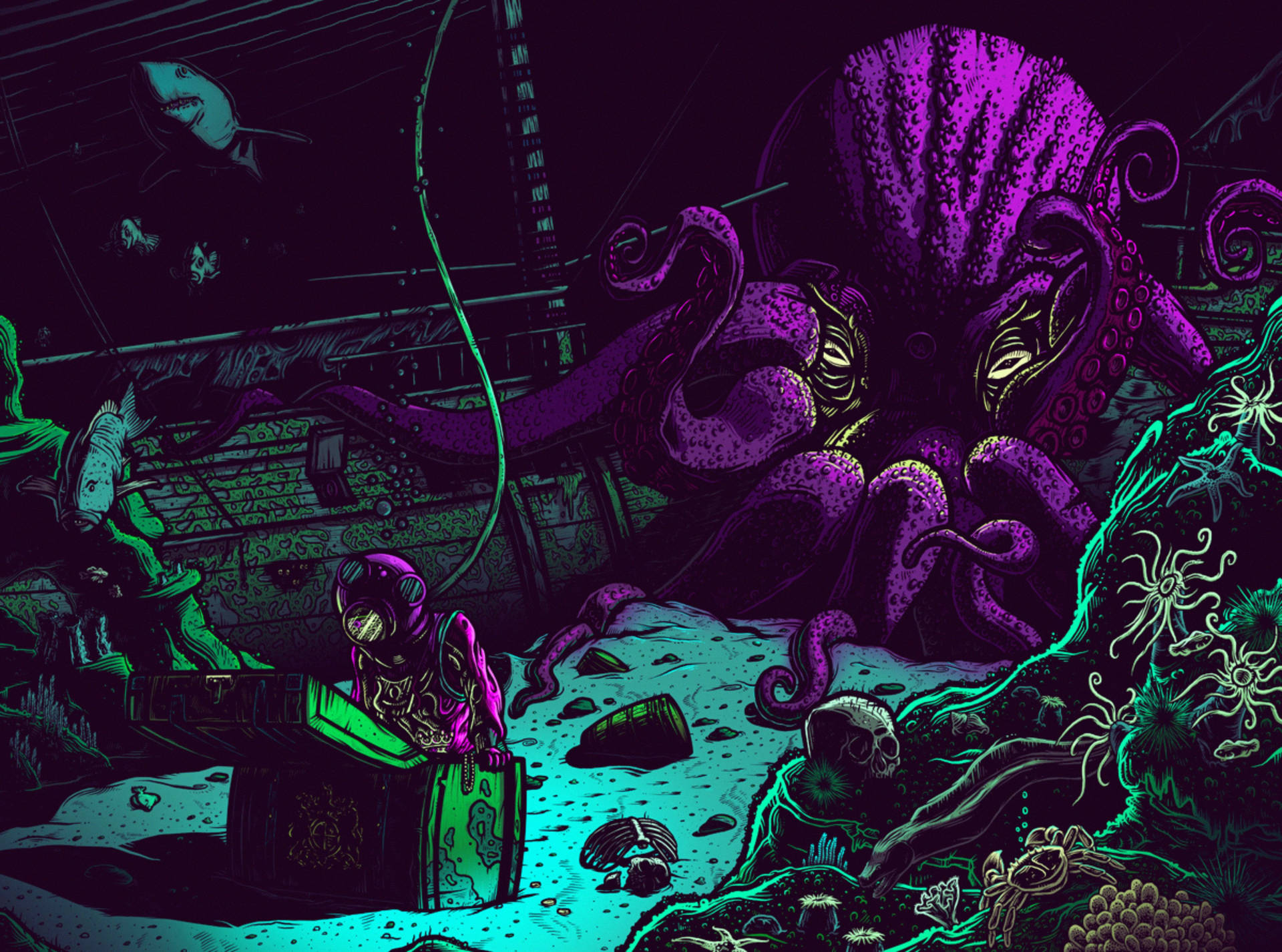 Dark-Violet Octopus Art Wallpaper