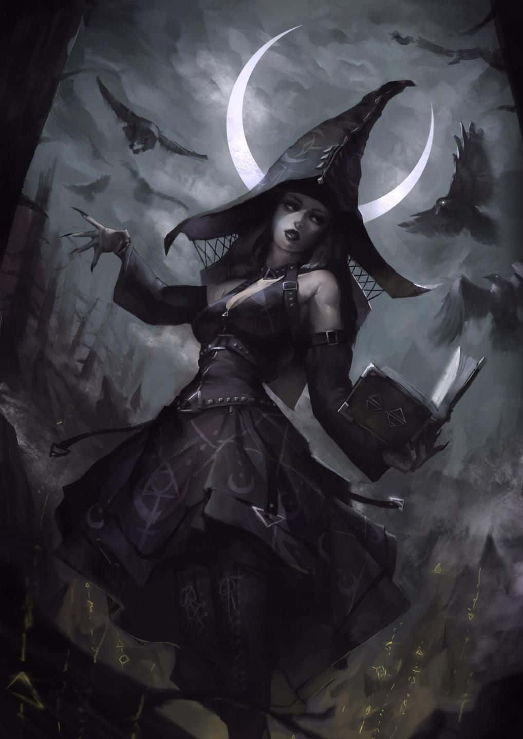 Enchanting Dark Witch in Moonlit Forest Wallpaper