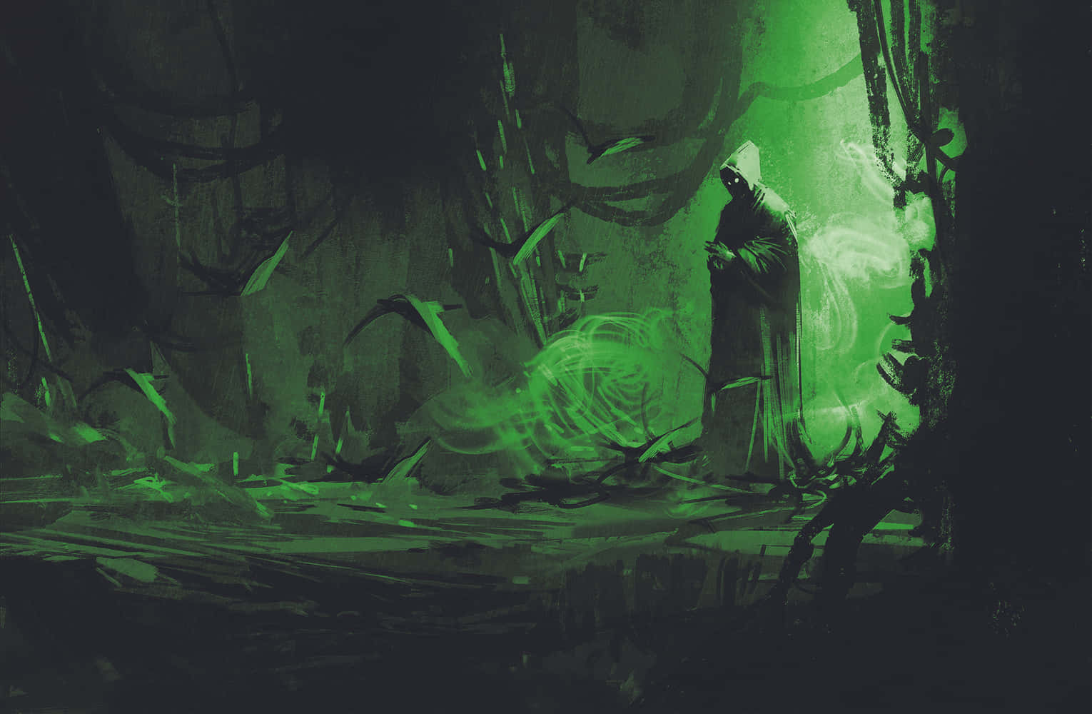 Mysterious Dark Wizard Casting Forbidden Spells Wallpaper