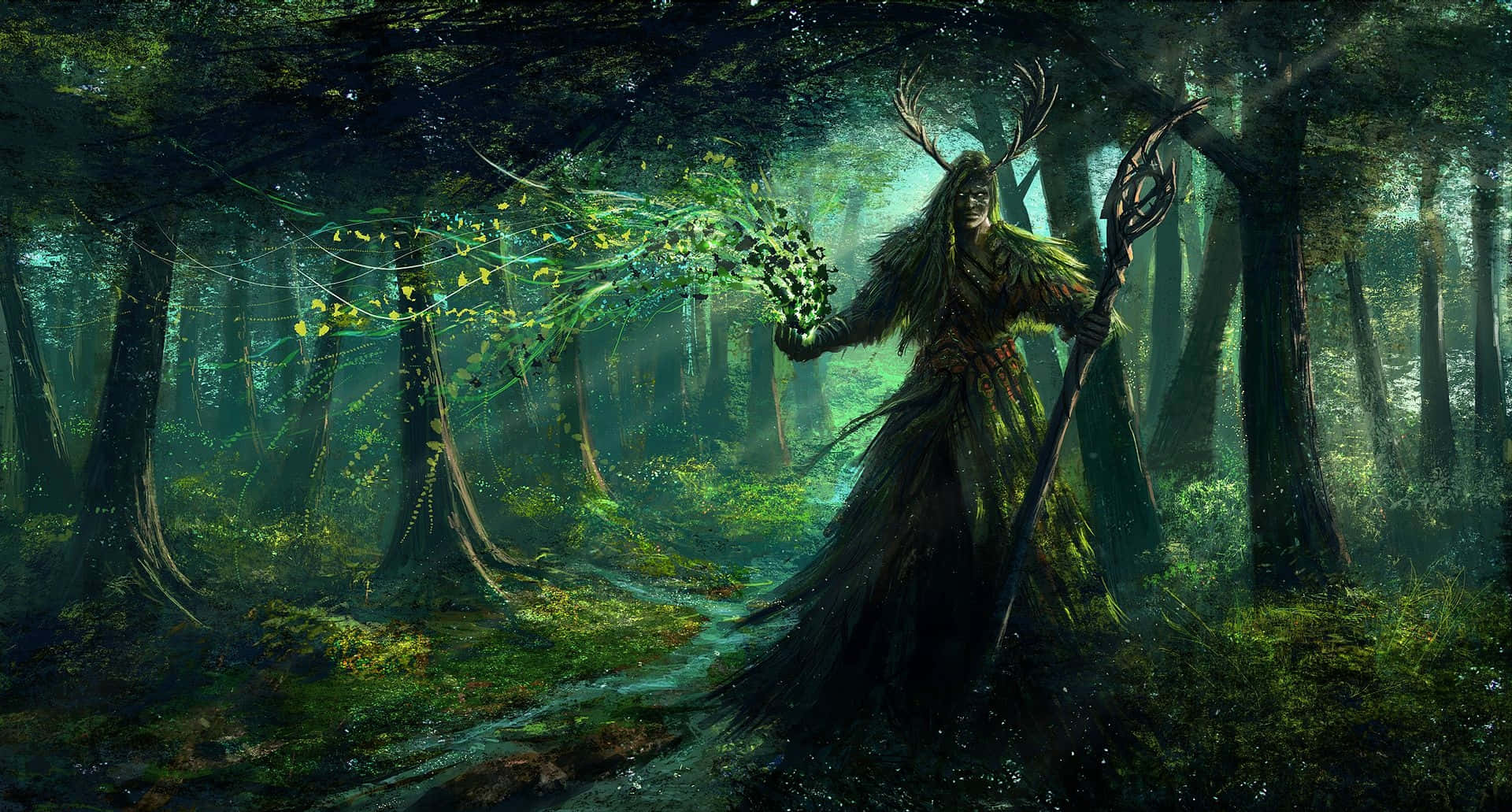Mysterious Dark Wizard summoning powerful magic in an enchanted forest Wallpaper